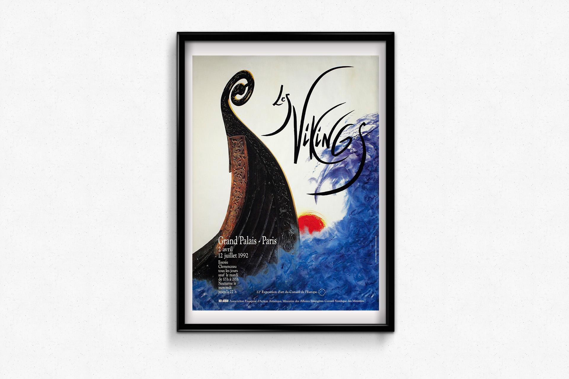 This powerful original poster was created for the landmark exhibition “Les Vikings”, held at the Grand Palais in Paris from April 2 to July 12, 1992. The exhibition was the 22nd Art Exhibition of the Council of Europe, a major cultural initiative