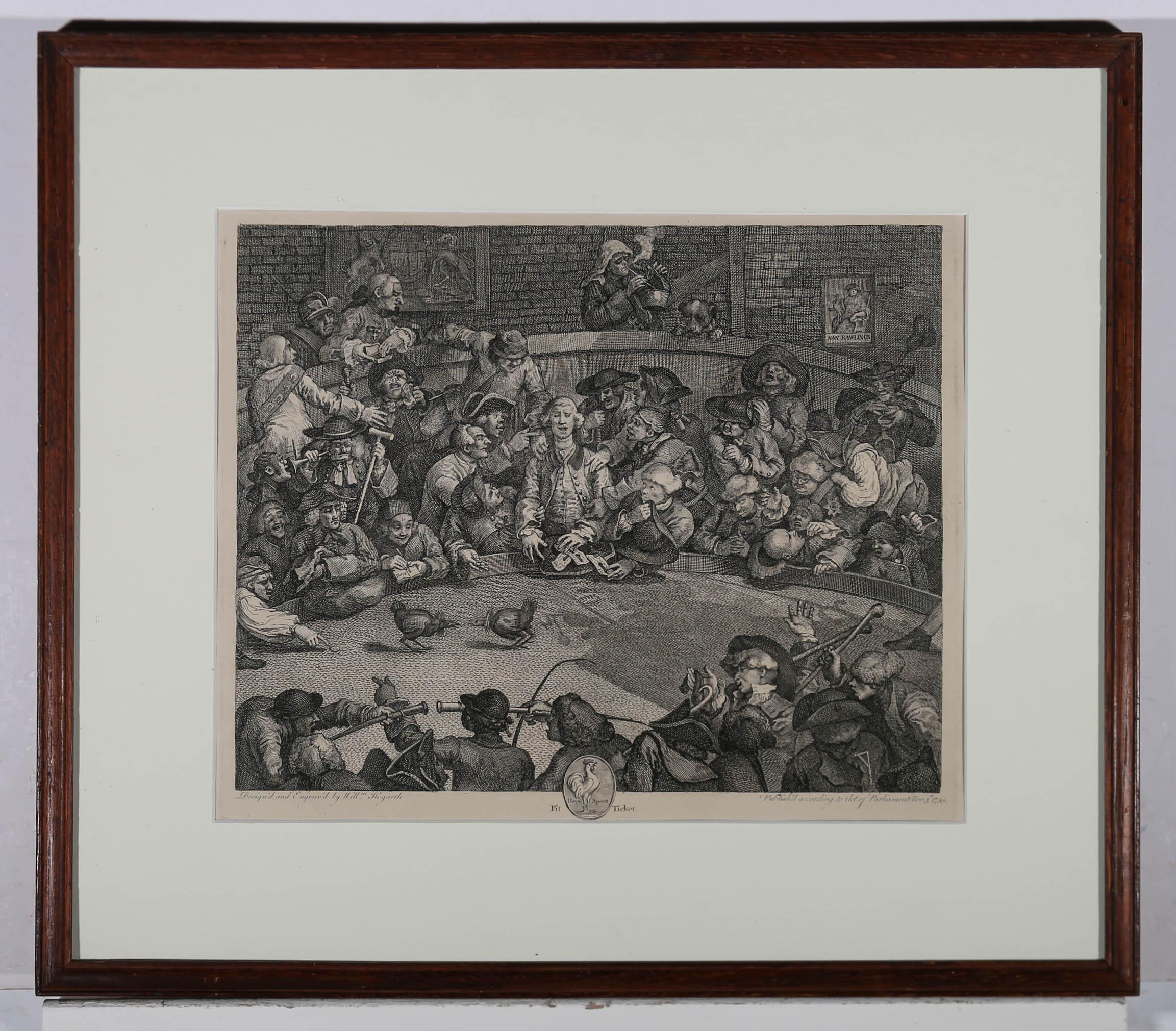 Une belle réimpression du 19ème siècle de la plaque originale de William Hogarth. La scène montre une fosse bruyante autour d'un ring de combat de coqs, avec des badauds qui prennent et placent des paris, crient et provoquent une pagaille générale.