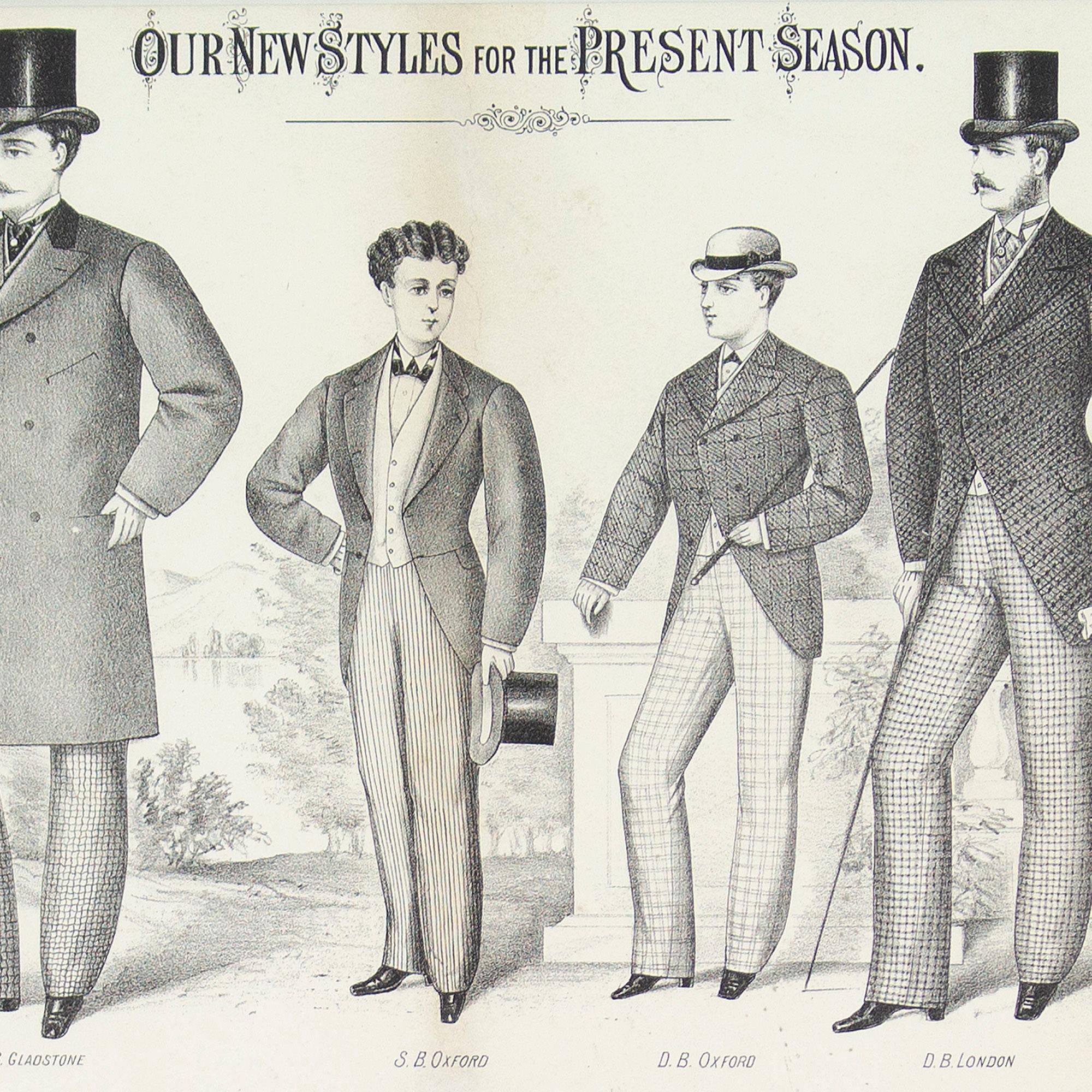 This charming late 19th-century lithograph was produced by Freudenthal & Co for clothing manufacturers, TJ Thomas & Ellis Jones, to showcase the latest fashion. There are 17 styles including the DB Gladstone (after the Prime Minister), Ulster, Demi
