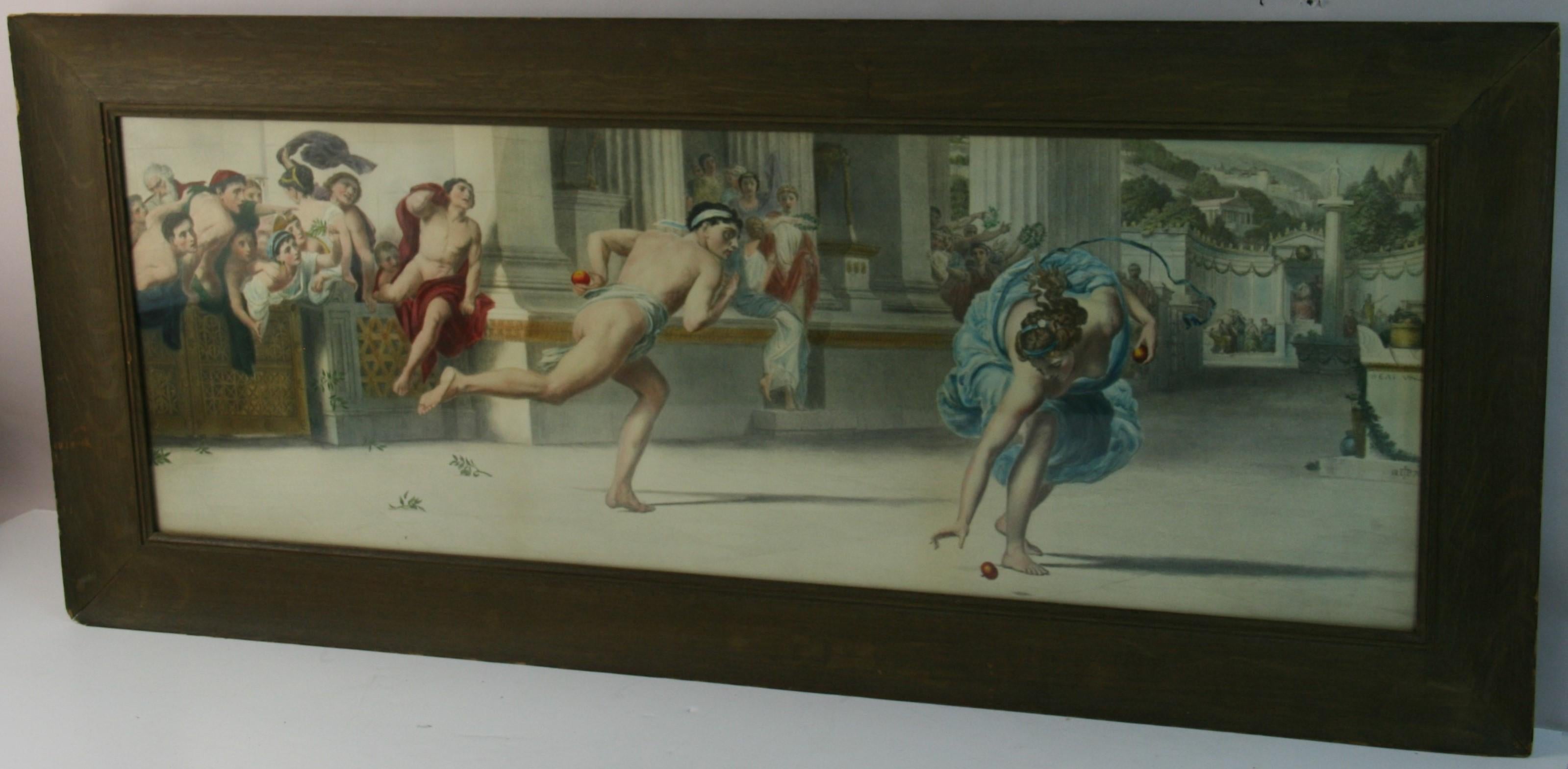 5216 Litografia colorata a mano della fine del XIX secolo raffigurante un uomo e una donna in un'arena che partecipano a giochi romani
Struttura in legno d'epoca
Dimensioni dell'immagine 12x35