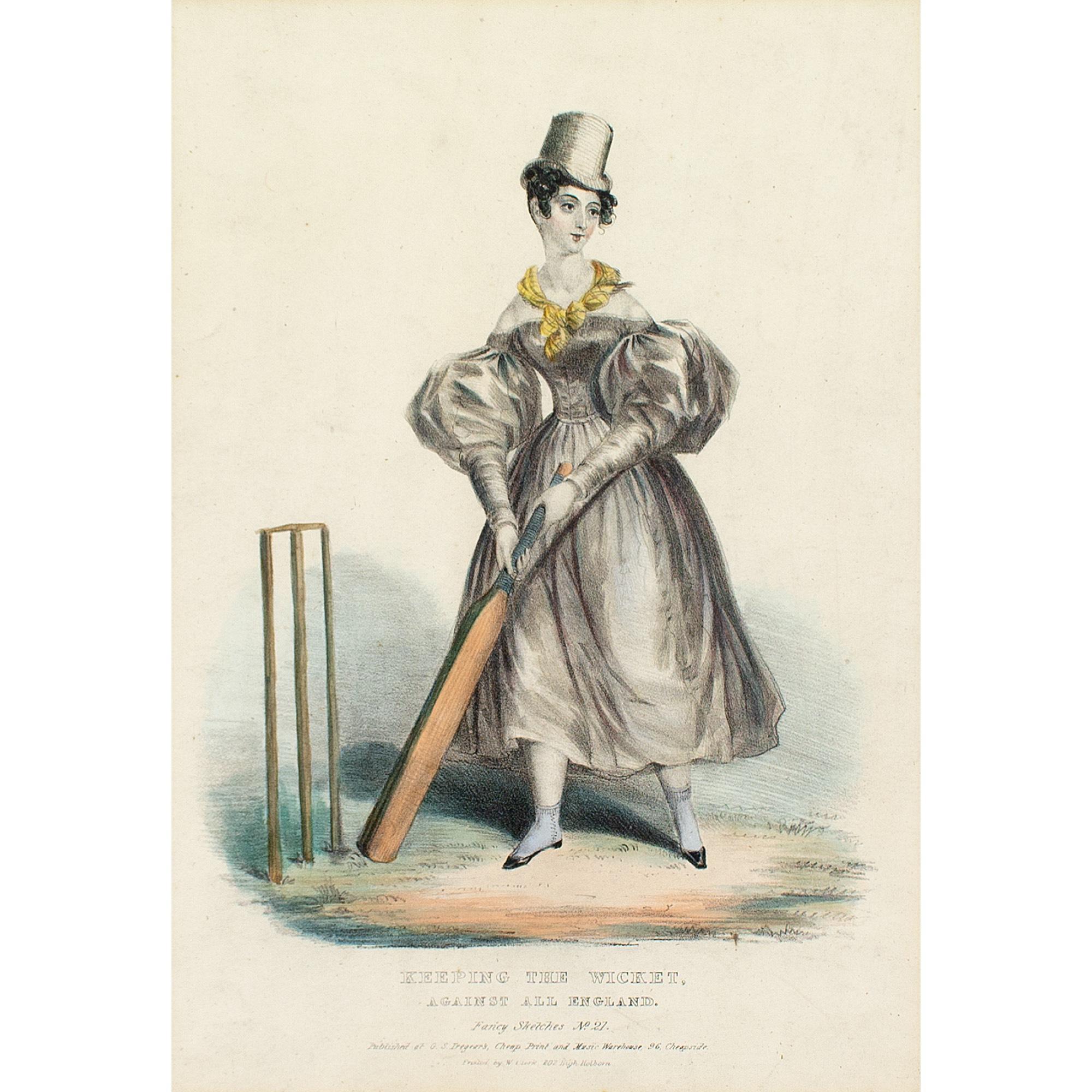 19th-Century Hand-Coloured Lithograph, Keeping The Wicket Against All England - Print by Unknown