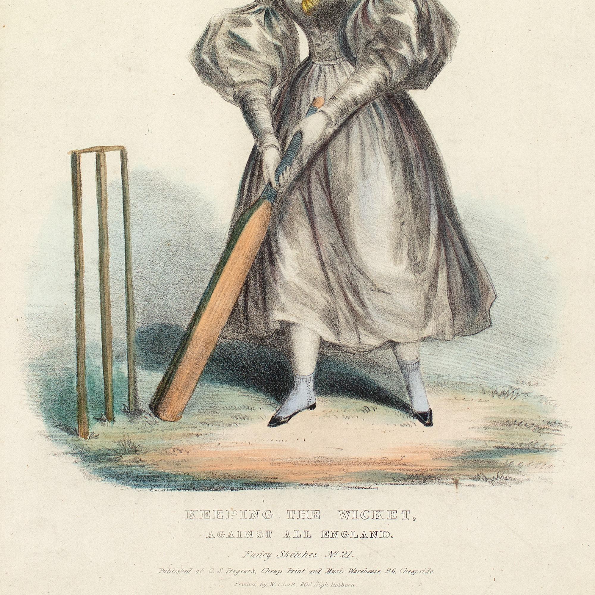 19th-Century Hand-Coloured Lithograph, Keeping The Wicket Against All England 2