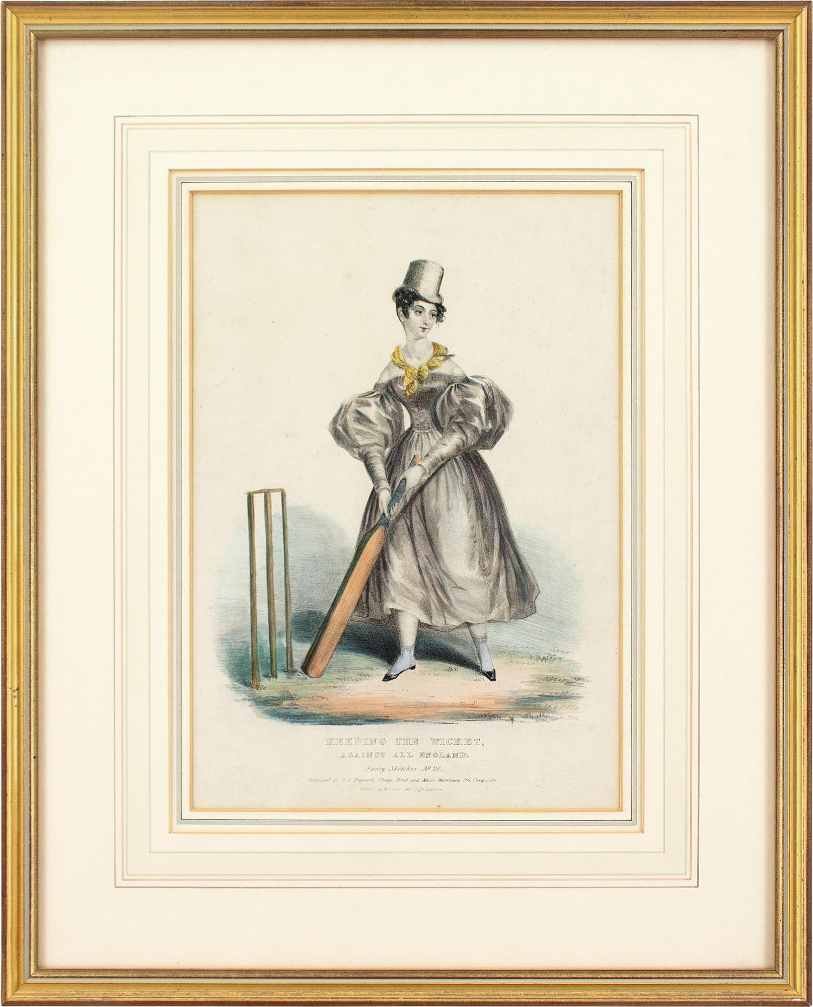 Unknown Figurative Print - 19th-Century Hand-Coloured Lithograph, Keeping The Wicket Against All England