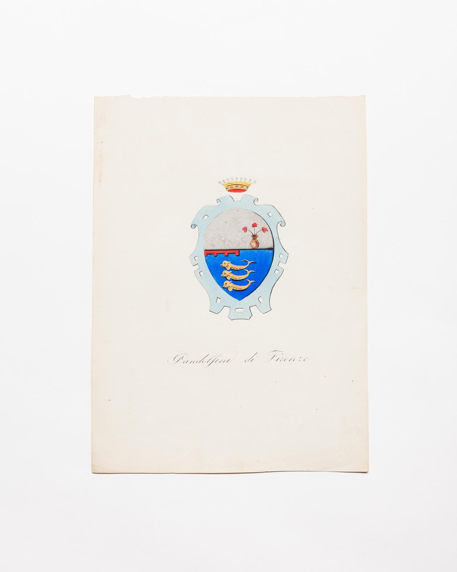 19th Century Heraldic Hand Coloured Italian Family Coat of Arms Bookplates For Sale 1