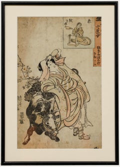 19th Century Japanese Woodblock - Lady and Dairy Cow