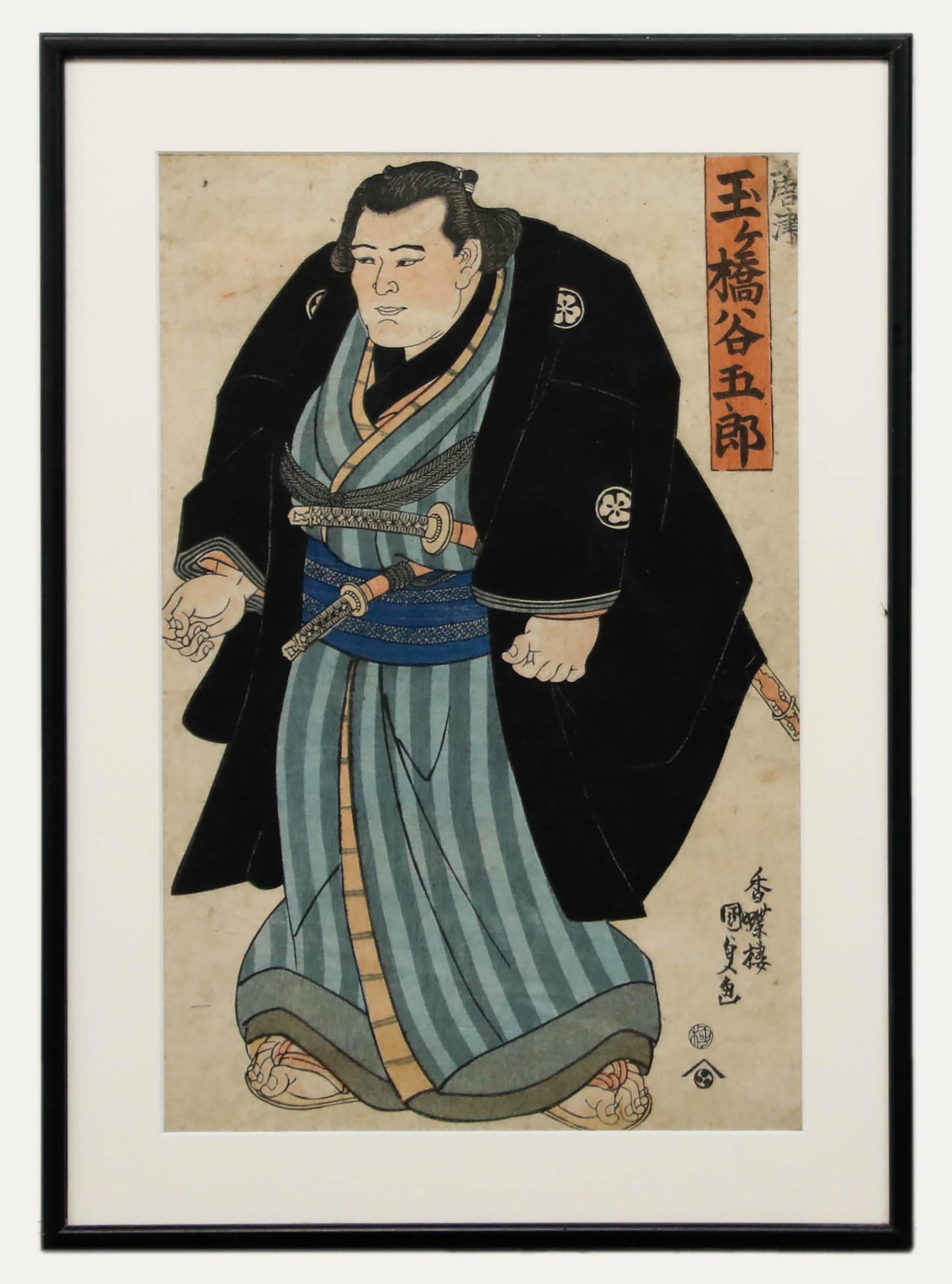 Unknown Portrait Print - 19th Century Japanese Woodblock - Well Dressed Samurai