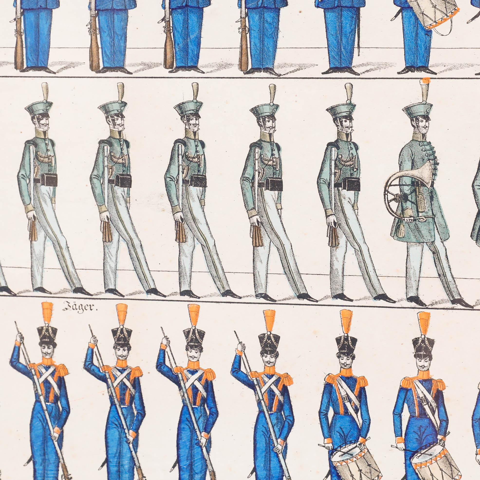 This German military illustration depicts three rows of uniformed soldiers from the Hamburg Bürger-Militär (Hamburg Citizen Militia), showcasing different military ranks and roles in distinctive blue and grey uniforms with traditional tall military