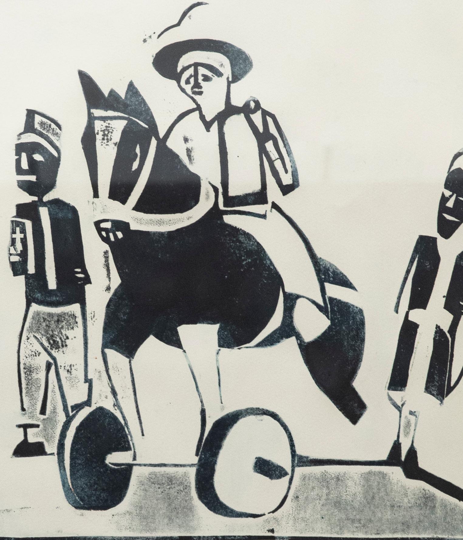 20th Century Linoprint - A White Official with Two Policemen and a Bible - Print by Unknown