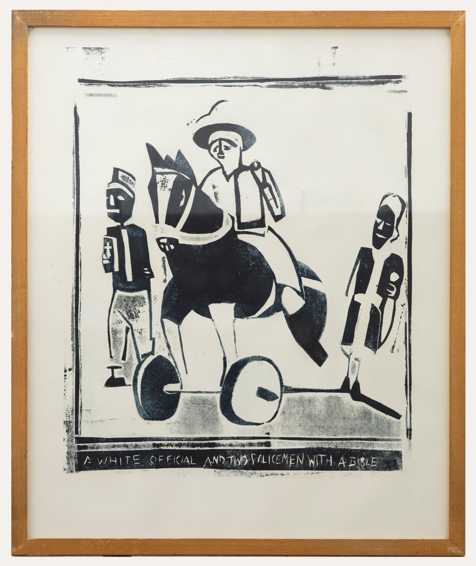 Unknown Figurative Print - 20th Century Linoprint - A White Official with Two Policemen and a Bible