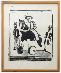 20th Century Linoprint - A White Official with Two Policemen and a Bible