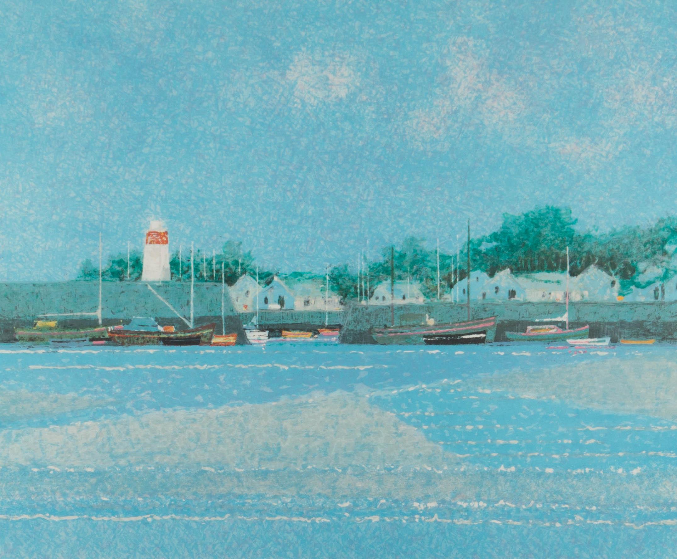 A fine 20th Century silk screen showing a harbour with azure sea and sky. The artist has signed illegibly and numbered (92/125) to the lower left. The artwork has been presented in a silvered frame with card mount. On wove.
