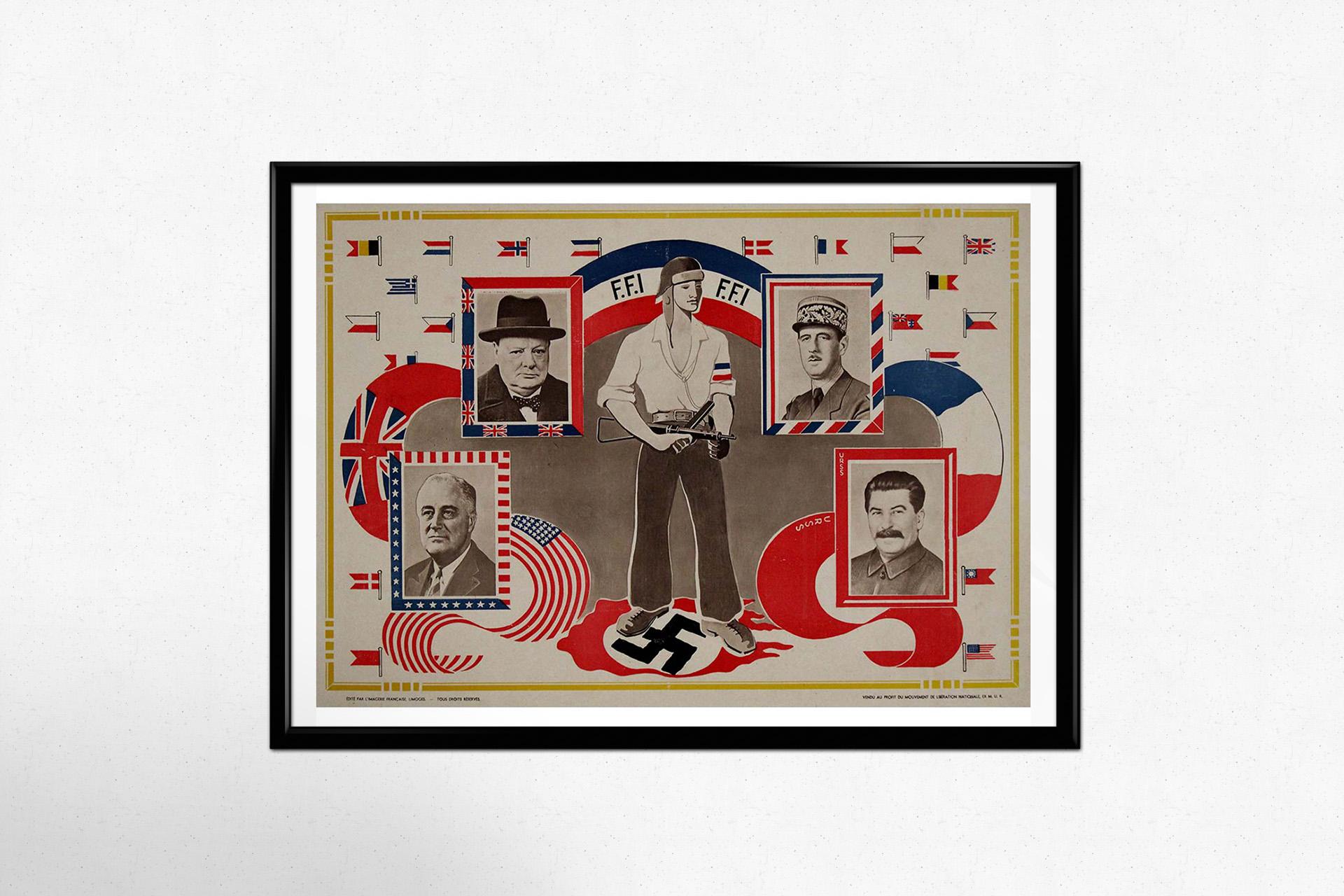 This striking original poster, dating from the 1940s, was created to support the French Forces of the Interior (F.F.I.), the armed resistance movement that played a crucial role in the liberation of France during World War II. The poster symbolizes