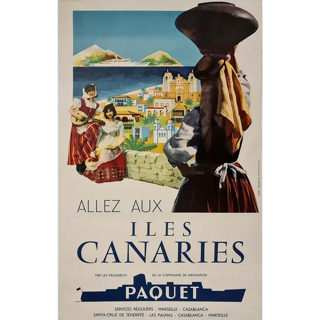 Original poster of tourism of the Fifties to visit the Canary Islands by the liners of the shipping company Paquet.
The shipping company was founded in 1860 by a young man of 30 years: Nicolas Paquet.
While developing links with Morocco, he studied