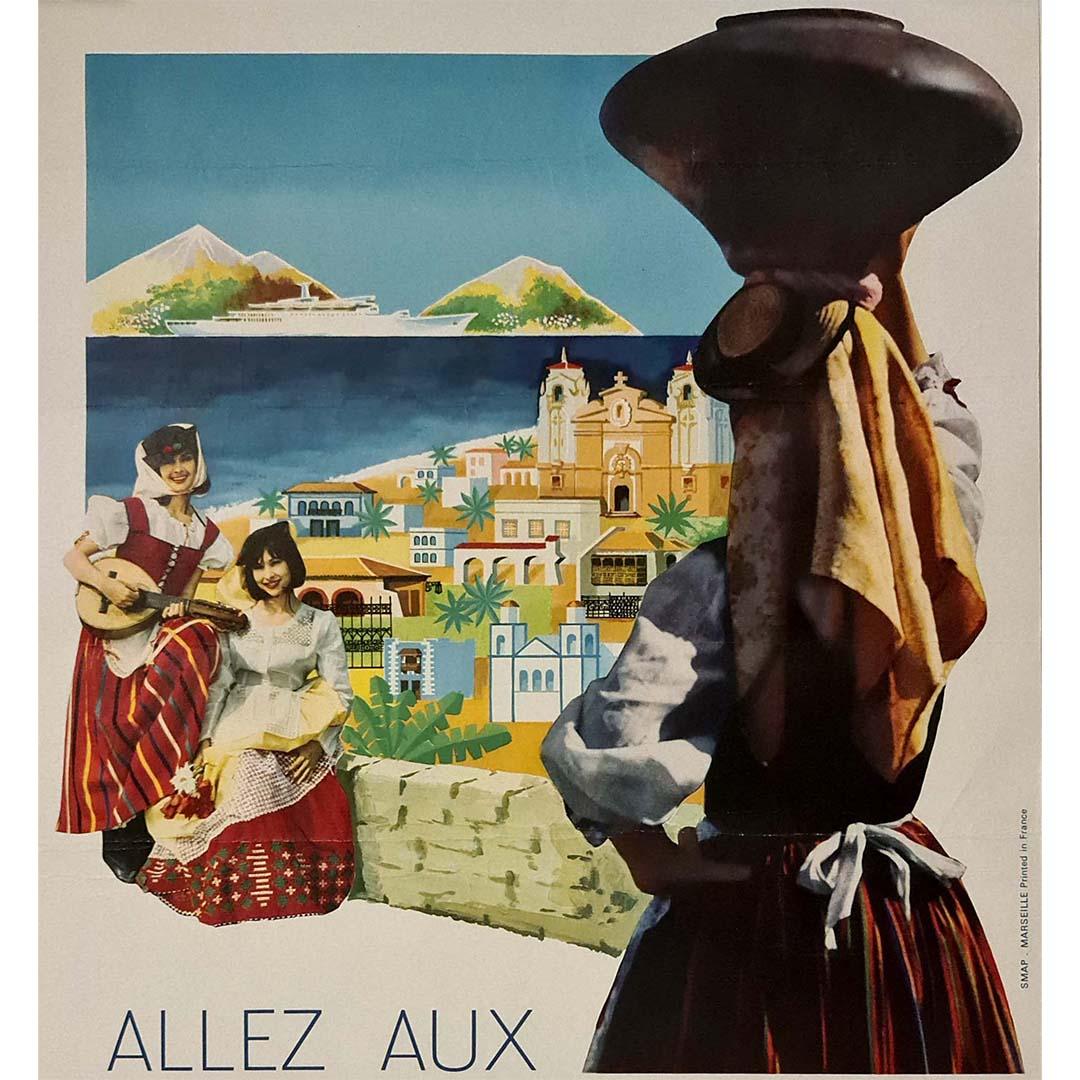 Affiche d'origine des années 50 - Assises de port des îles Canaries de la compagnie d'expédition Paquet en vente 1
