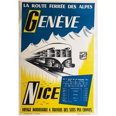 Vintage 50s Original travel poster for the SNCF shows the Alps railroad Genève - Nice