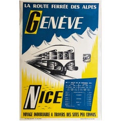 Retro 50s Original travel poster for the SNCF shows the Alps railroad Genève - Nice