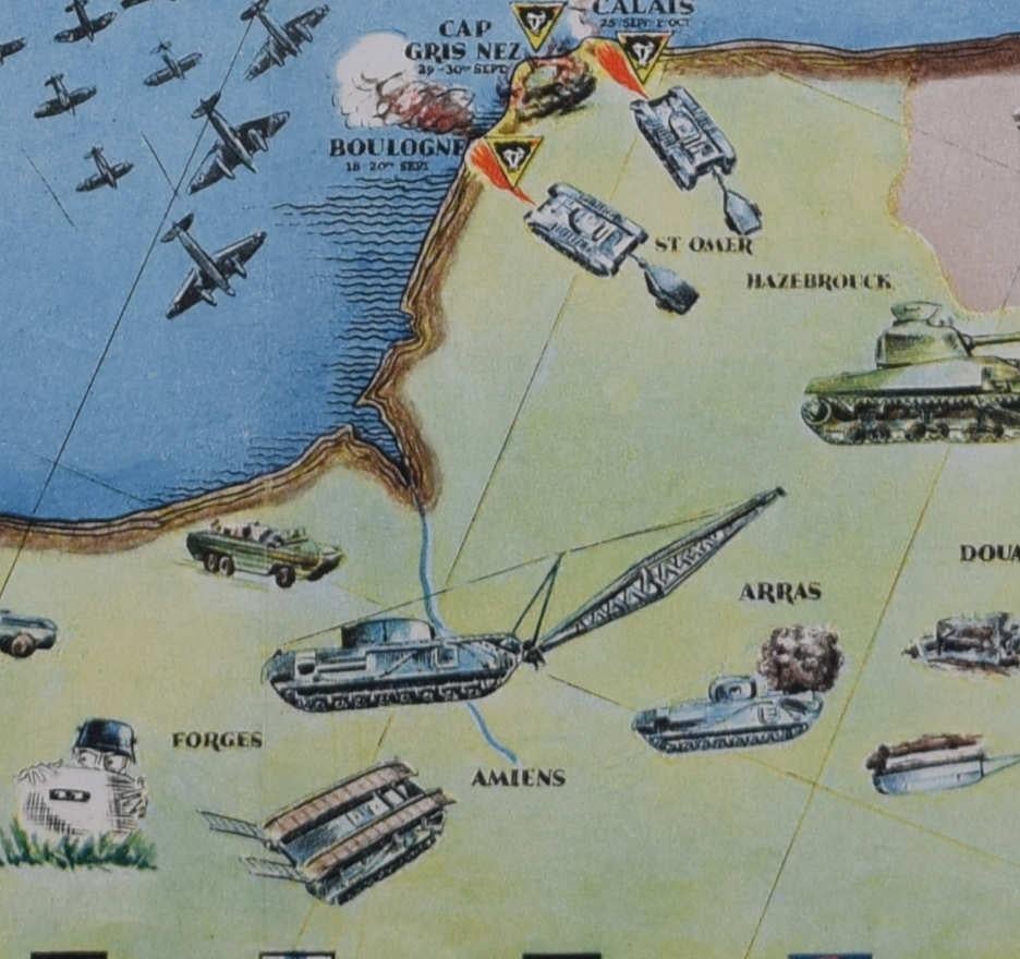 Anonymous
79th Armoured Division, D-Day to the Rhine
Lithograph
20 x 62 cm 

This World War II pictorial map chronicles the 79th Armoured Division, a division of the British Army that was created in the lead-up to the Normandy invasion and commanded