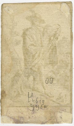 A bagpipe player making music and playing a puppetshow - Etching - 18th Century