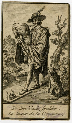 A bagpipe player making music and playing a puppetshow - Etching - 18th Century