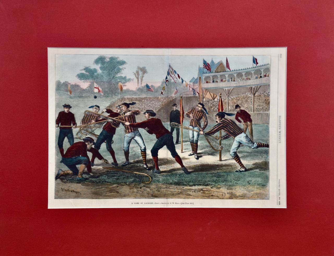 "A Game of Lacrosse": A Hand-colored 19th Century Woodcut Engraving by Hall 
