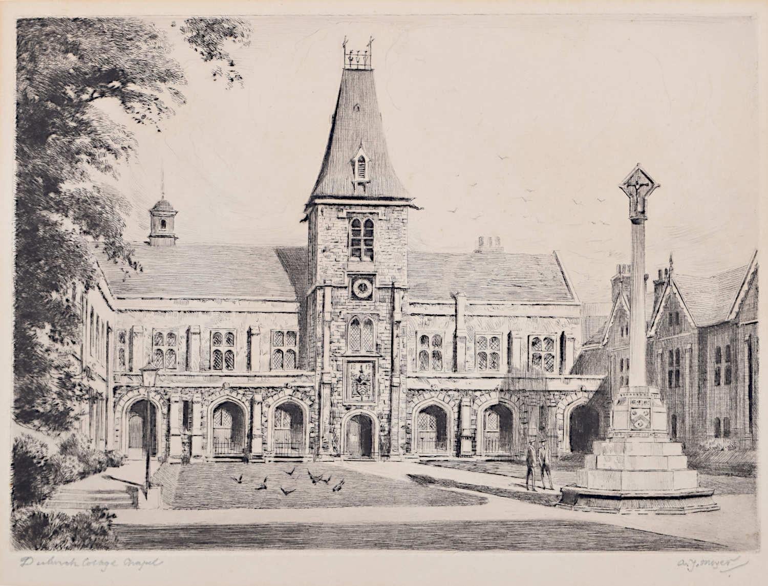 Unknown Landscape Print - A J Meyer Etching Dulwich College London c. 1920 British School print