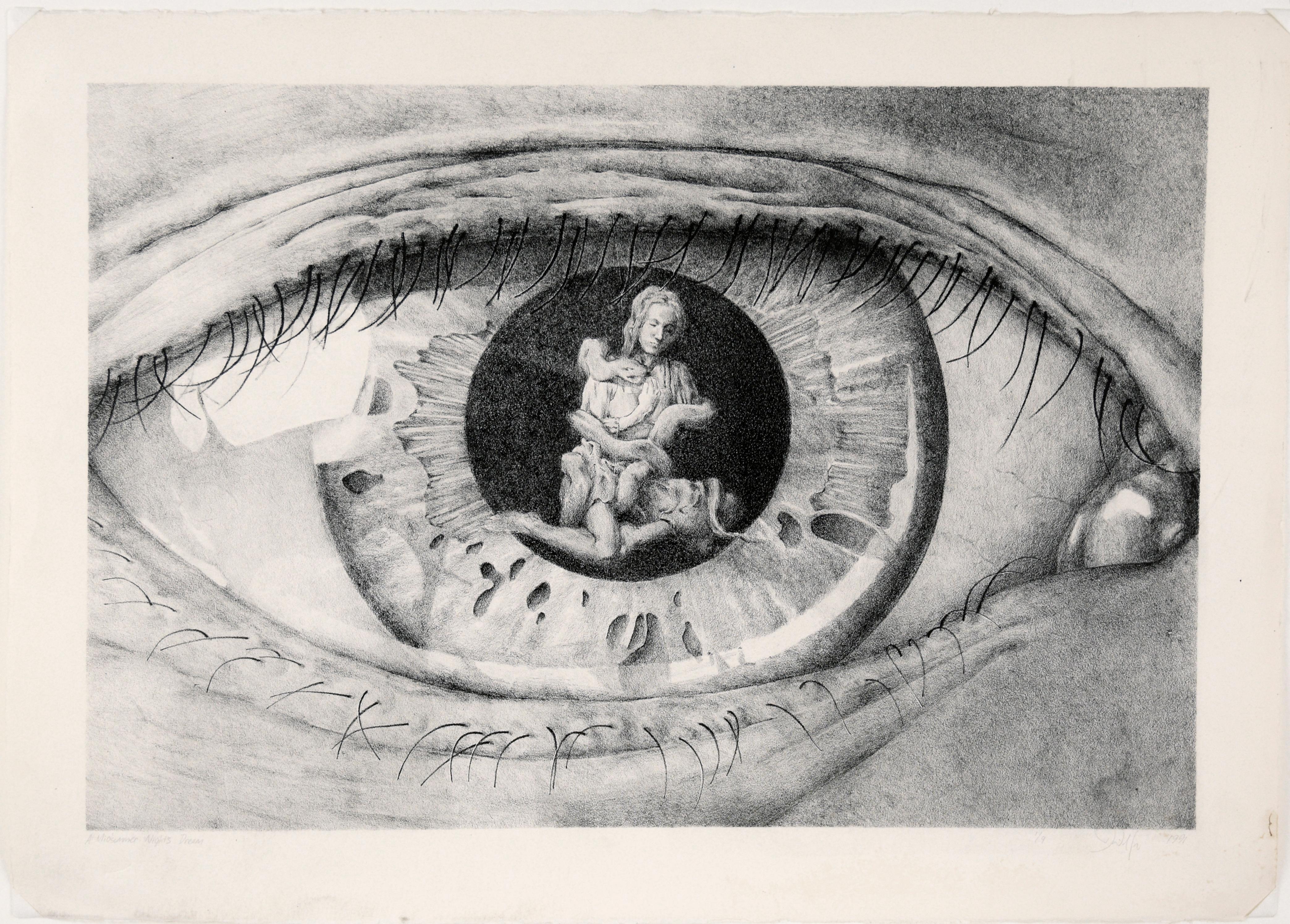 Detailed and vivid close-up of an eye with a reflection by an unknown artist (American, 20th Century). In the reflection of the eye, there is a person seated on the ground with a large snake coiled around their body. After a similar drawing by M.C.