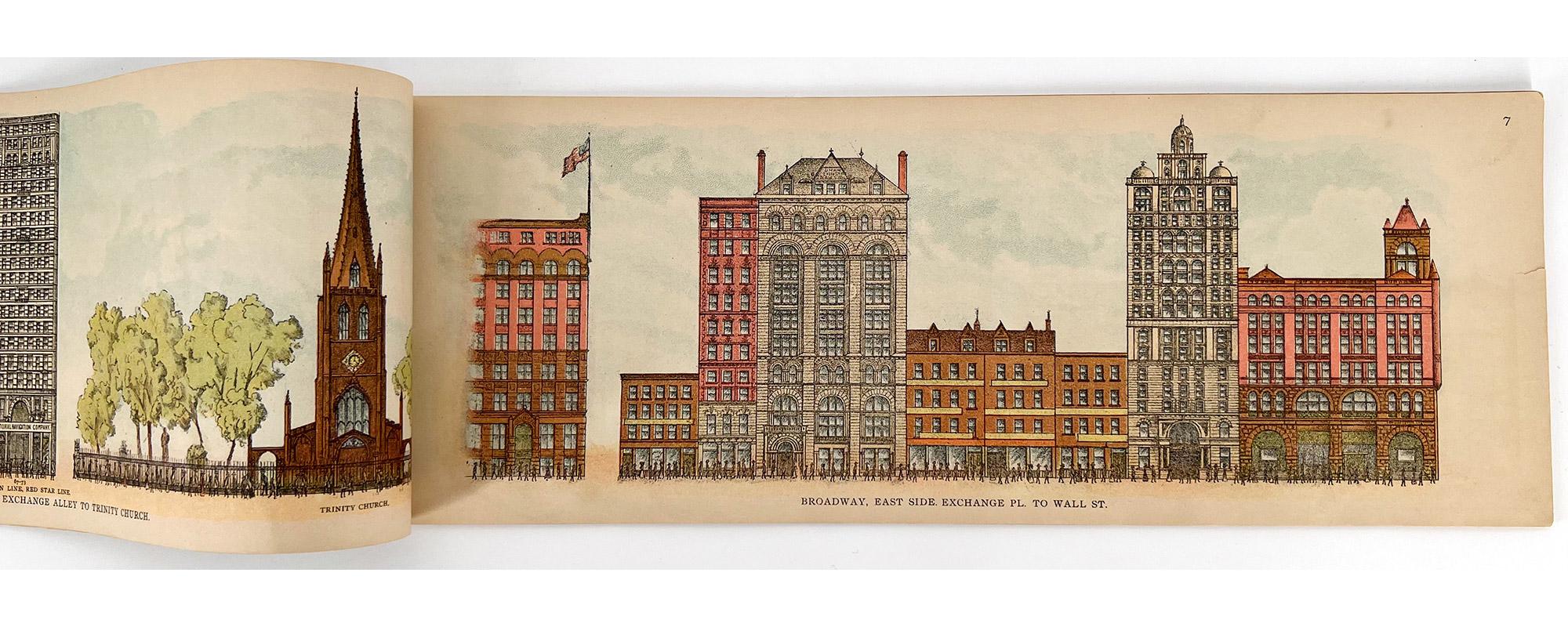 What did Broadway look like at the turn of the 20th Century? Here is a scarce and important block-by-block view published in 1899 by The Mail and Express

New York: The Mail and Express, 1899. First Edition. 
Oblong folio, 6 1/8 x 16 7/8 inches (155