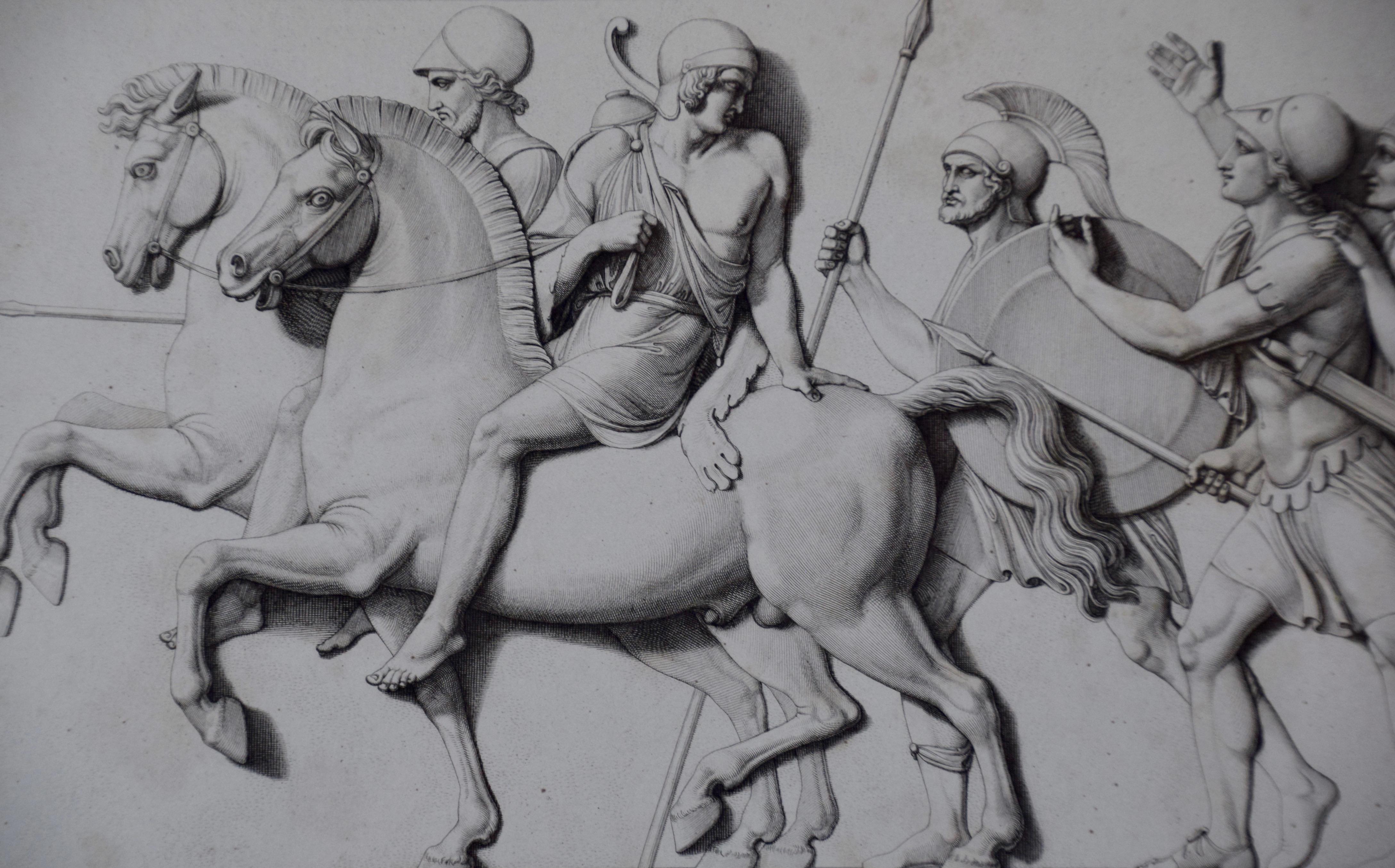 A set of four framed classical engravings depicting a procession of Roman or Greek Hoplite soldiers, citizens and horses. These most likely depict scenes on ancient architectural friezes.

These elegant classical engravings are framed and matted