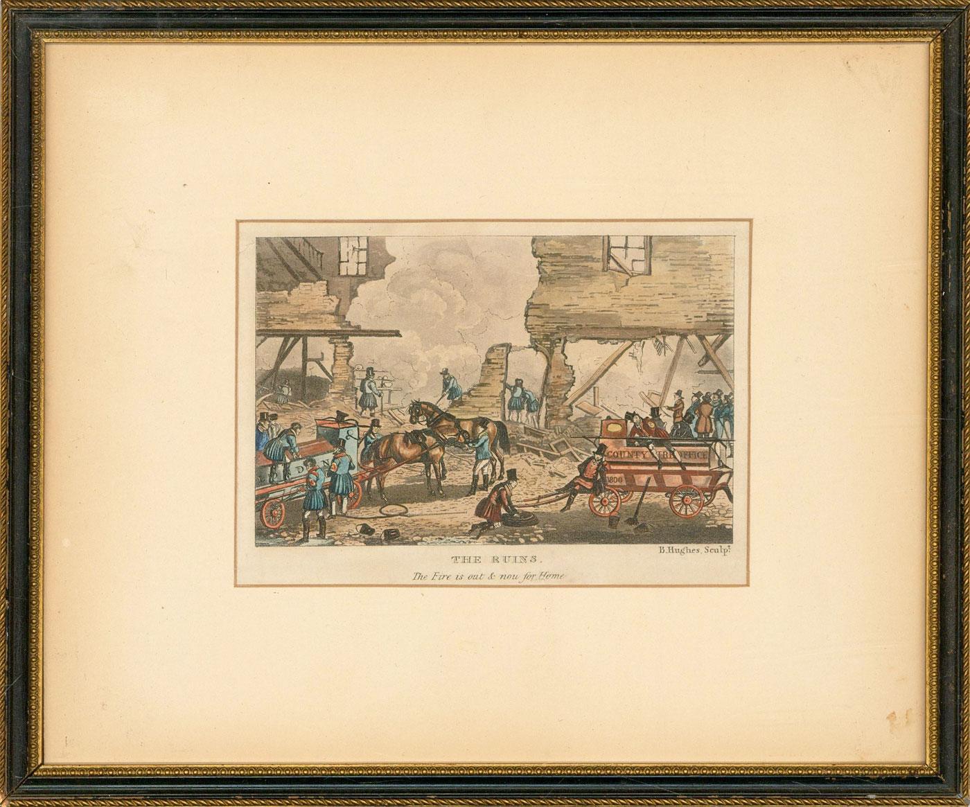 A set of four hand-coloured lithographs after drawings from H. Alken and sculpture from B. Hughes.

The lithographs tell the story of Victorian firemen extinguishing a fire, and each is inscribed with a small line describing the scene.

Well