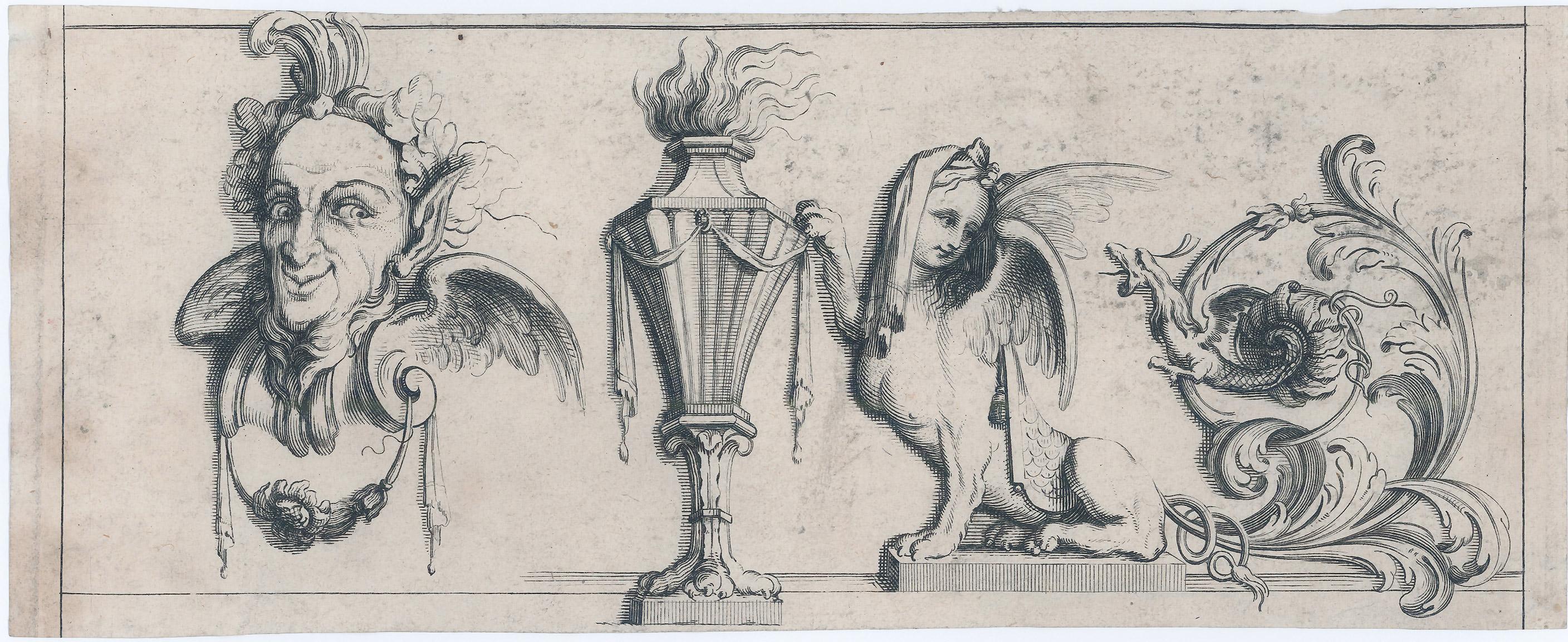 Figurative Print Unknown - Une étude d'éléments architecturaux fantaisistes : Satyre, Torch, Sphynx, Monster de la mer