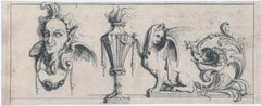 A study of whimsical architectural elements: Satyr's, Torch, Sphynx, Sea Monster