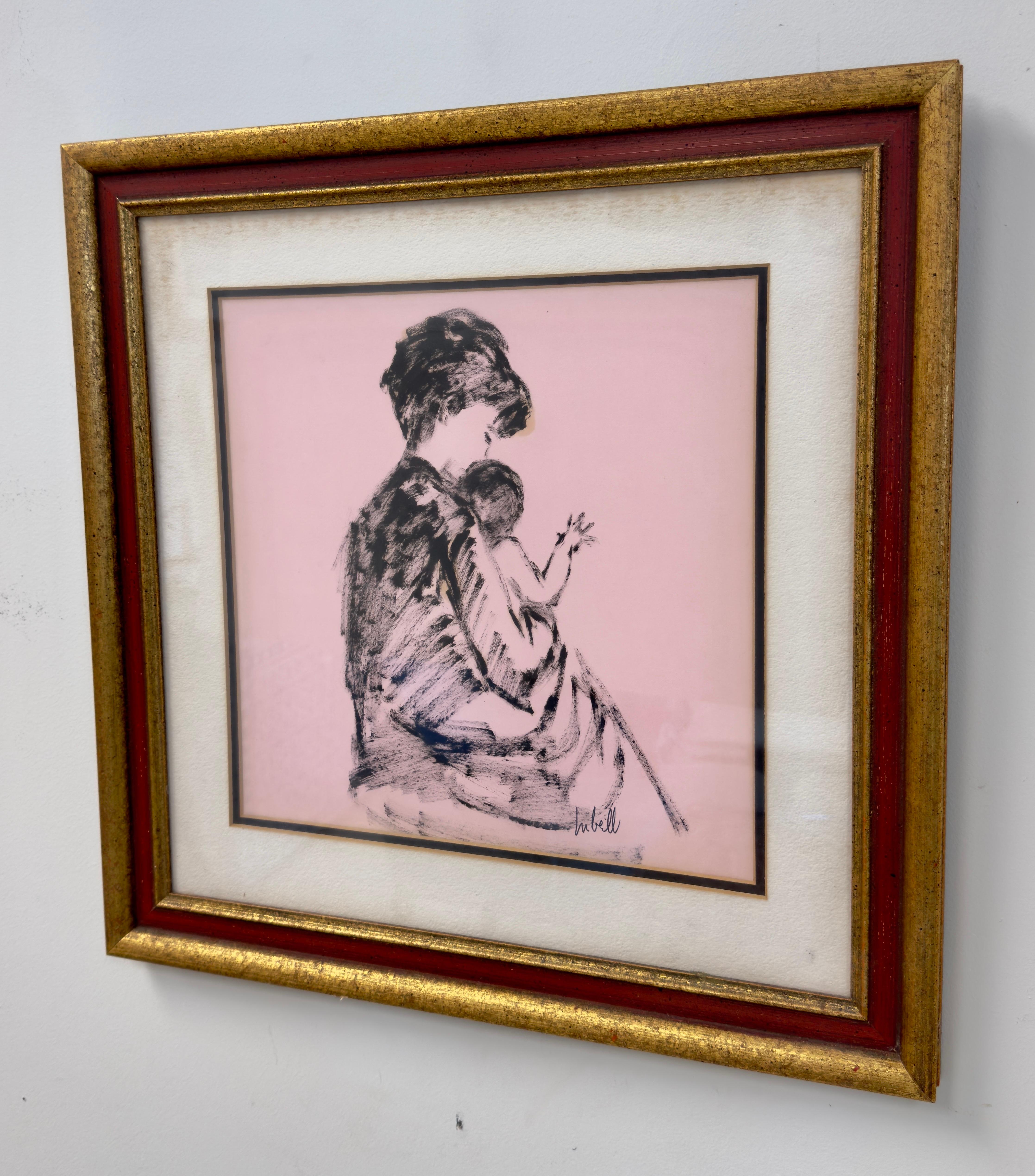 A  beautiful lithograph with a pink background depicting the back of a  woman holding a child. The lithograph is signed by the artist 