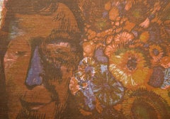 Una mujer con flores, serigrafía moderna de George Lockwood