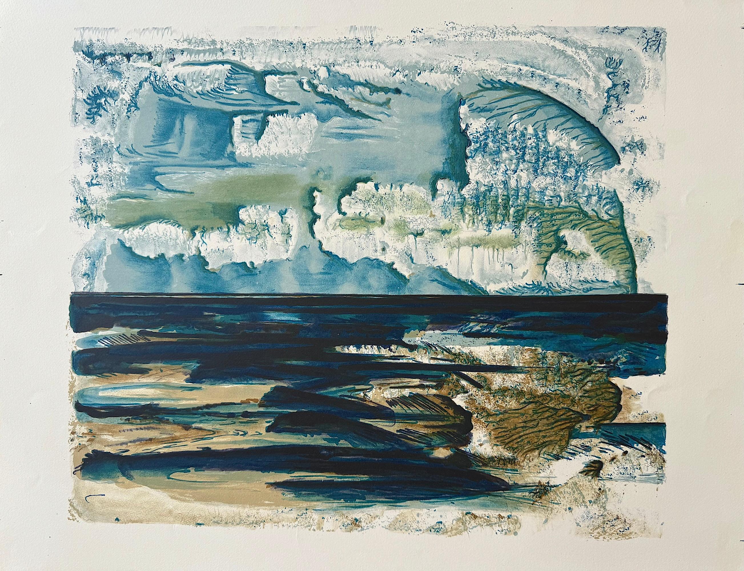 ABSTRACT ARCTIC LANDSCAPE Original Hand Drawn Lithograph Blue, Green, Tan, Black - Print by Unknown