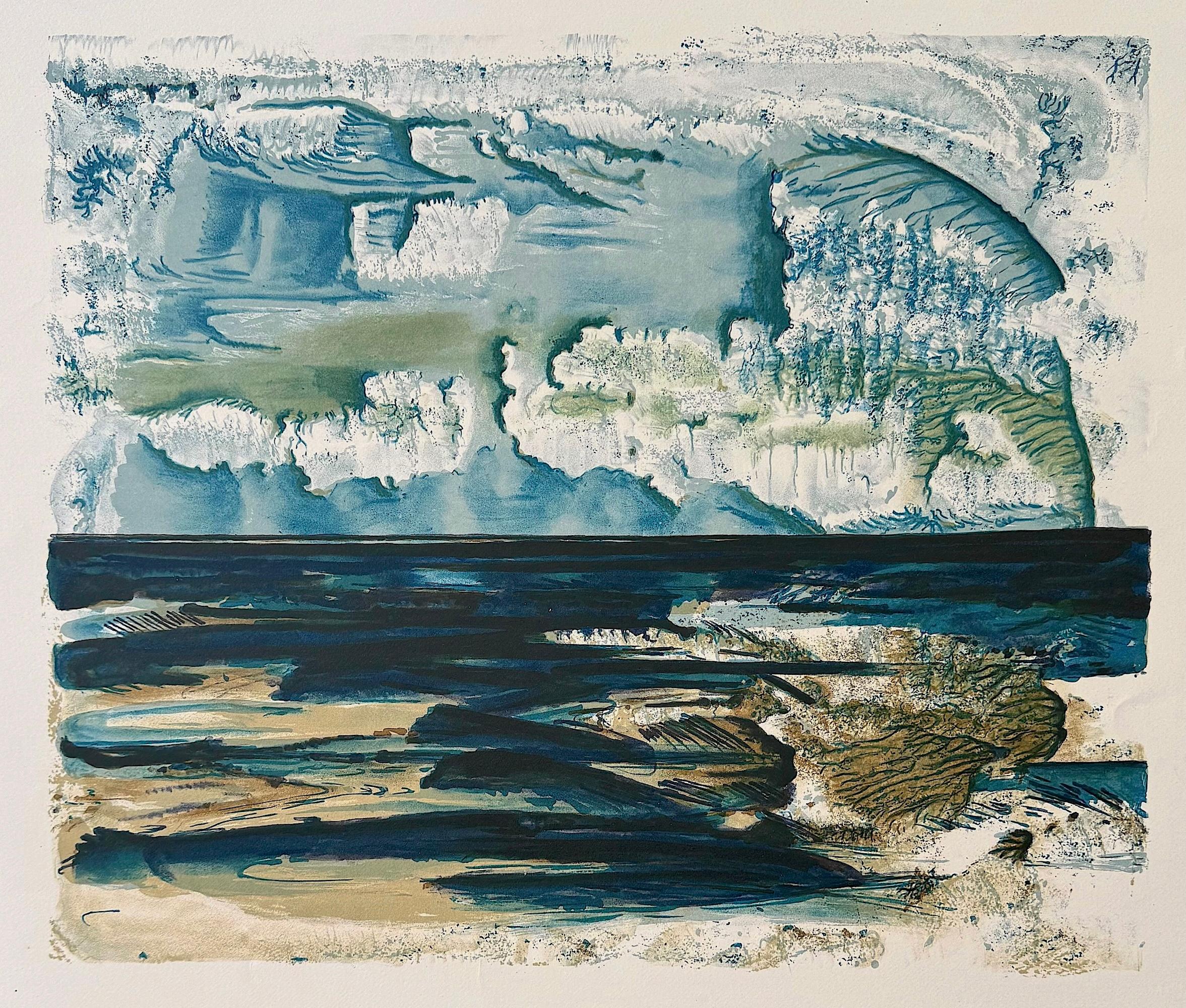 ABSTRACT ARCTIC LANDSCAPE Original Hand Drawn Lithograph Blue, Green, Tan, Black - Realist Print by Unknown