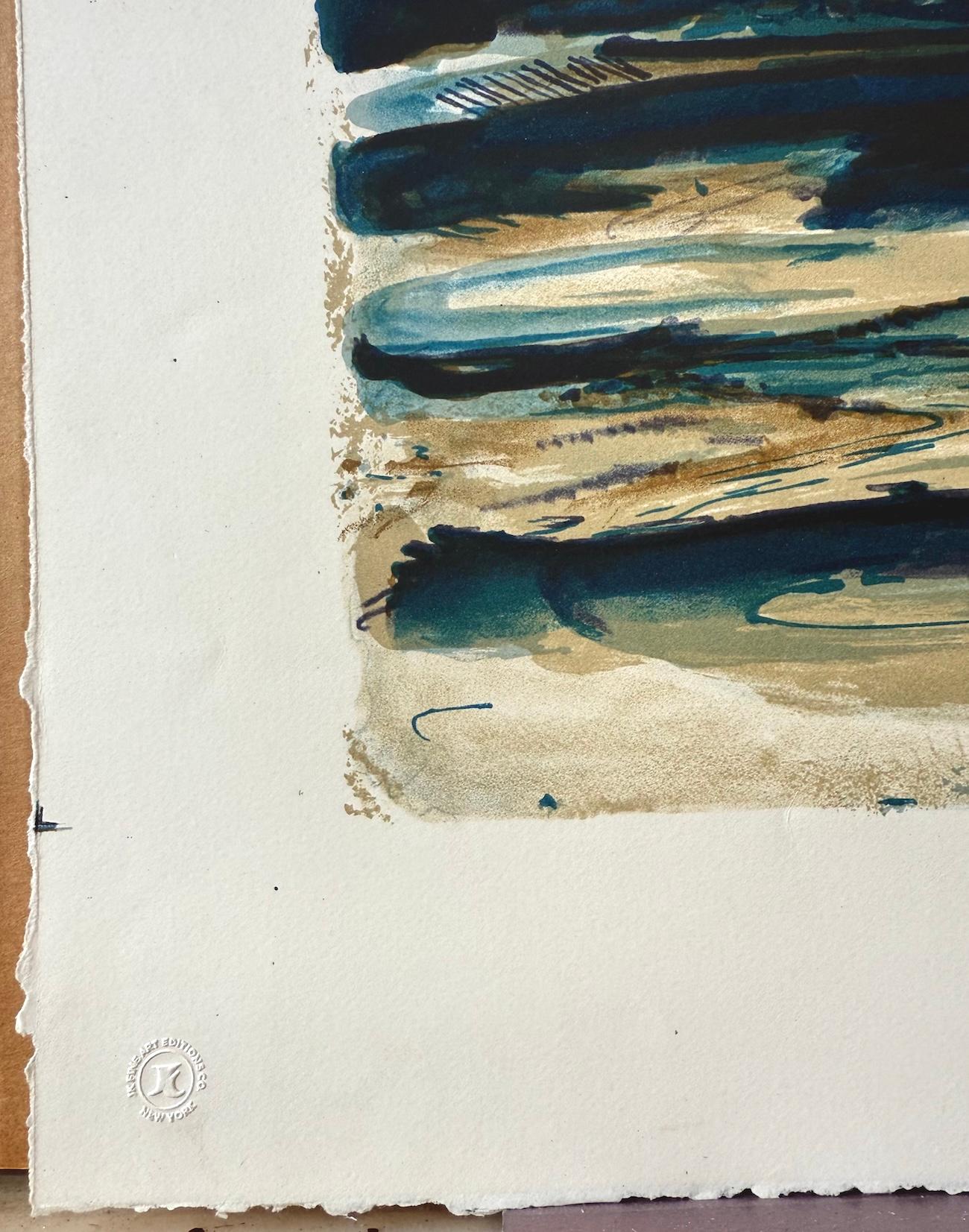ABSTRACT ARCTIC LANDSCAPE Original Hand Drawn Lithograph Blue, Green, Tan, Black For Sale 3