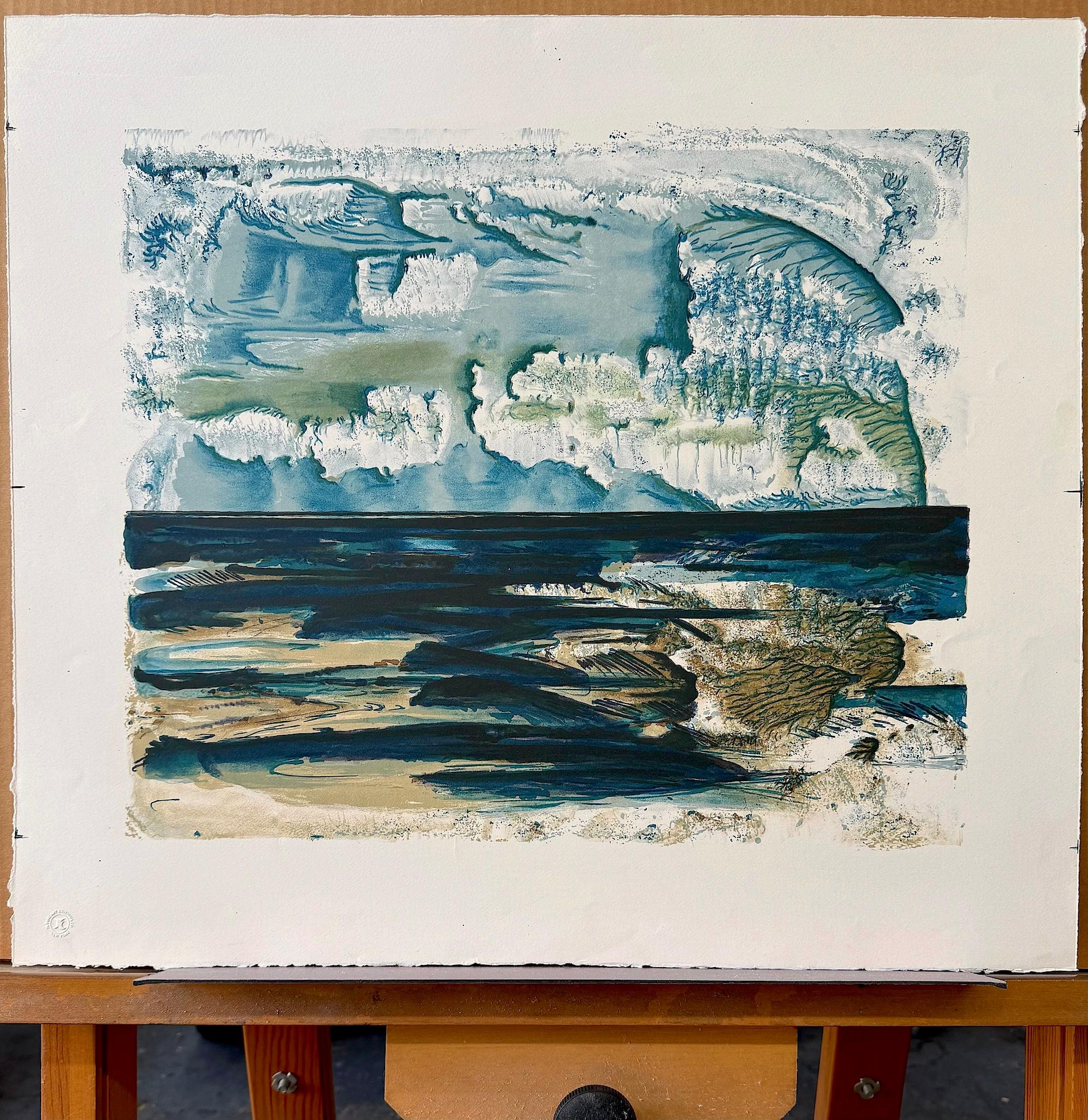 ABSTRACT ARCTIC LANDSCAPE Original Hand Drawn Lithograph Blue, Green, Tan, Black For Sale 4