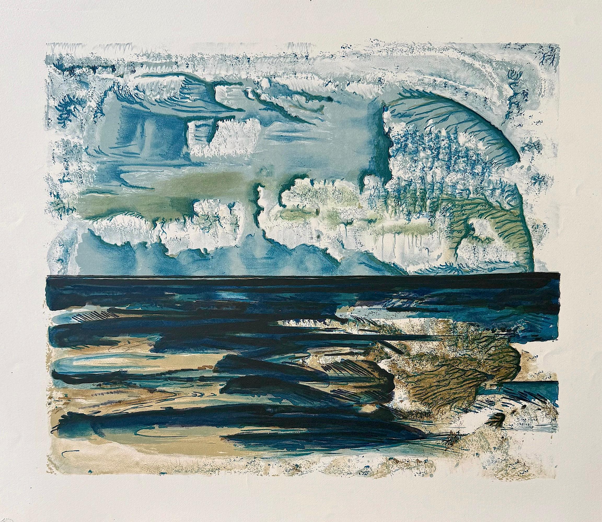 Unknown Abstract Print - ABSTRACT ARCTIC LANDSCAPE Original Hand Drawn Lithograph Blue, Green, Tan, Black