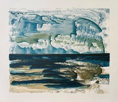 ABSTRACT ARCTIC LANDSCAPE Original Hand Drawn Lithograph Blue, Green, Tan, Black