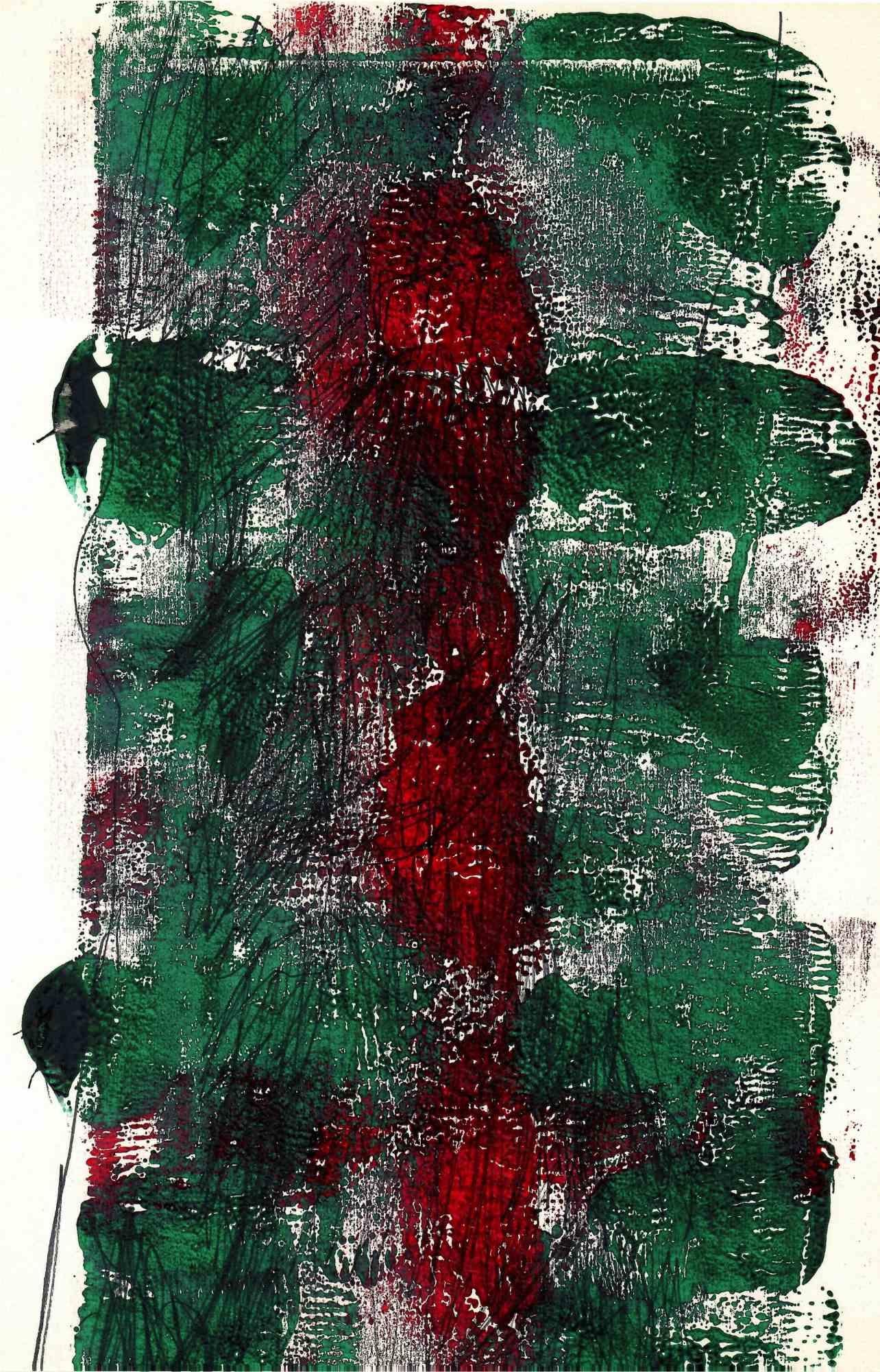 Unknown Abstract Print - Abstract Composition in Green and Red - Original Lithograph -1980s