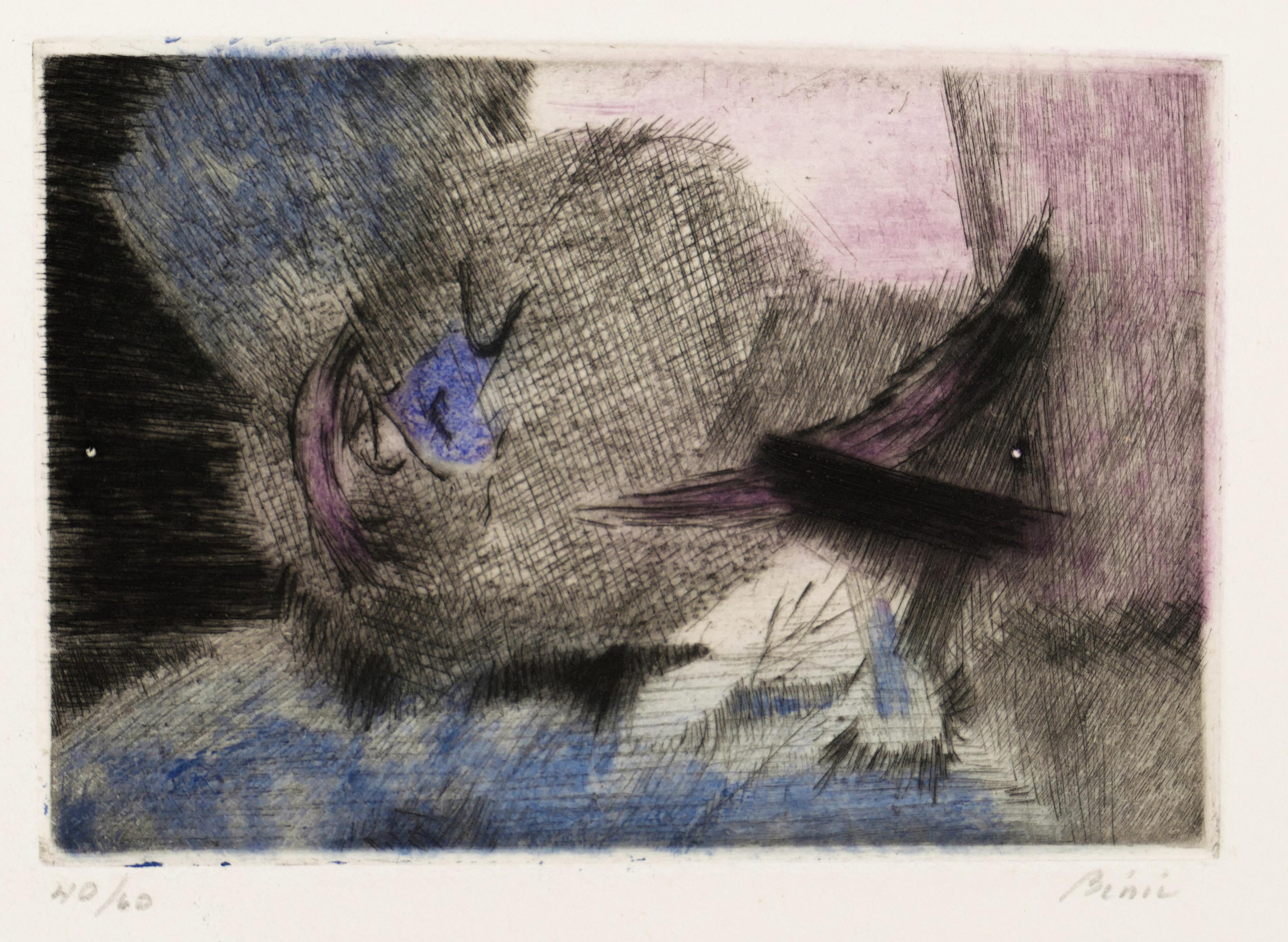 Unknown Abstract Print – Abstrakte Komposition – Radierung und Kaltnadelradierung – 1970er Jahre