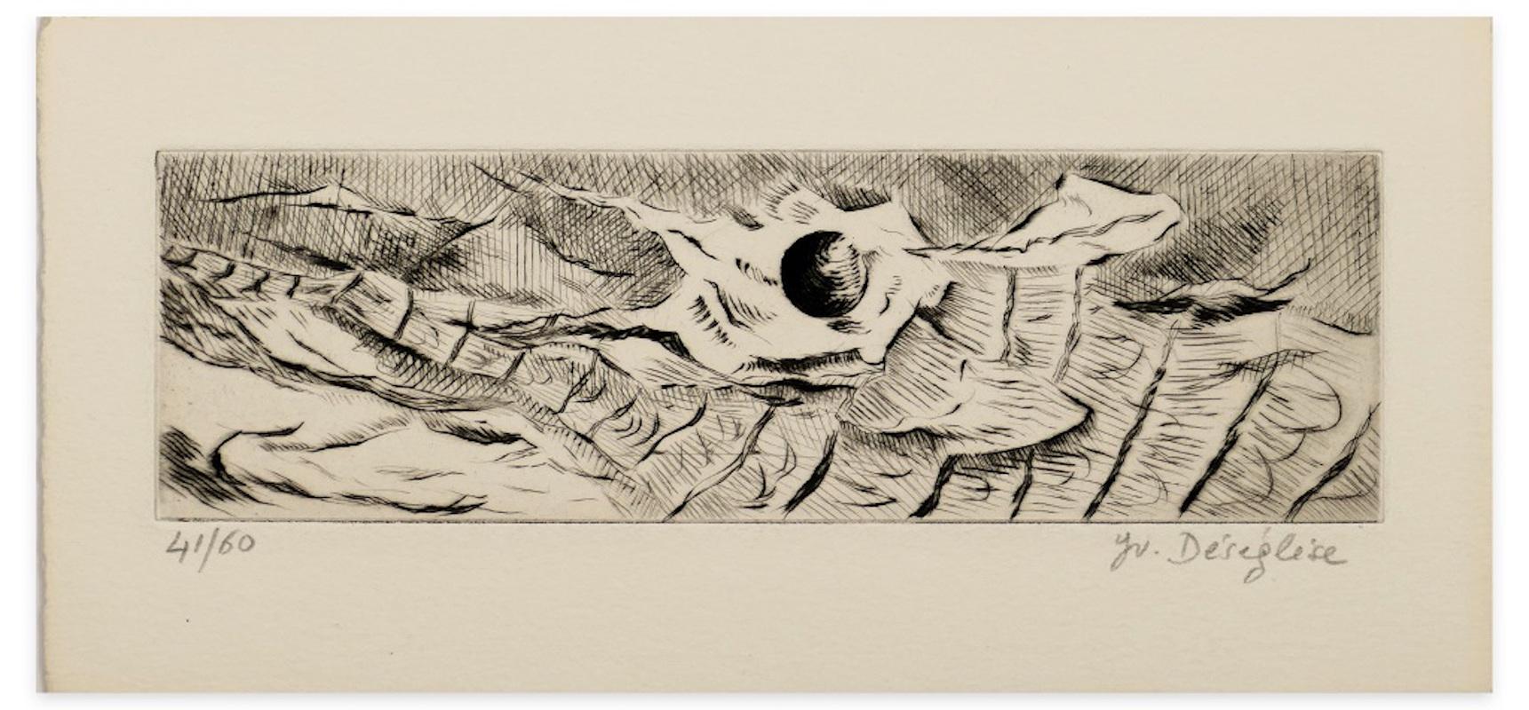 Unknown Abstract Print – Abstrakte Landschaft – Radierung und Kaltnadelradierung – 1970er Jahre