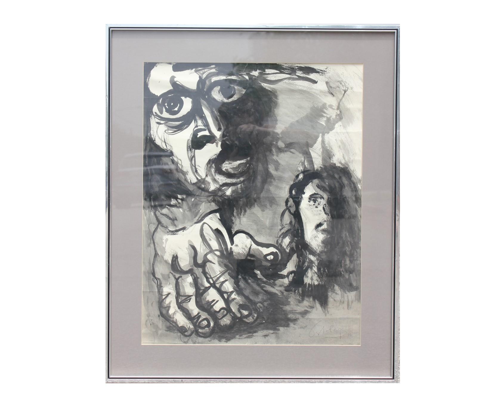 Unknown Figurative Print - Abstract Portrait Study of Two Figures with a Hand