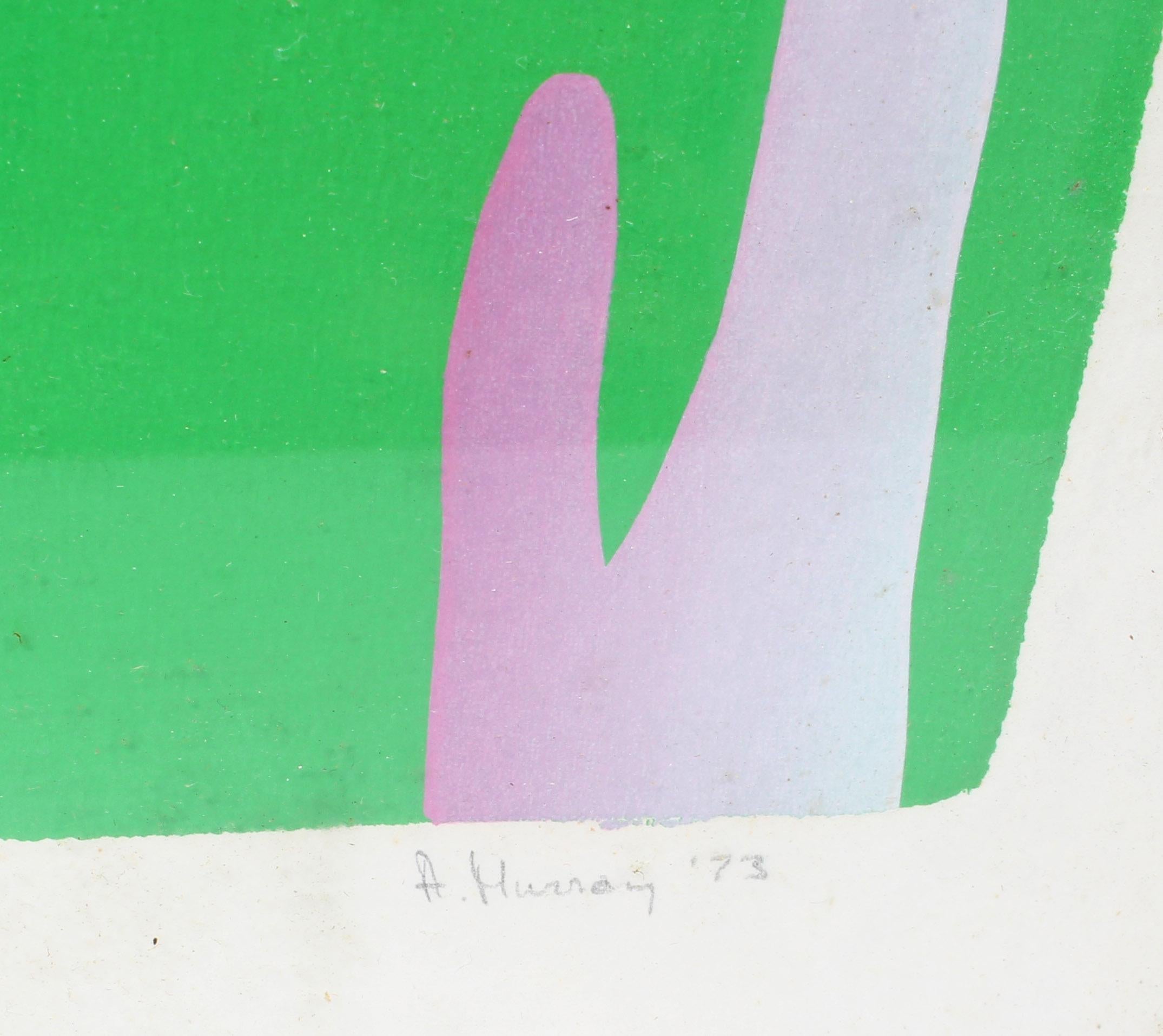 Impression abstraite verte, rose, violette, néon, encadrée, originale, américaine, 1973  - Vert Abstract Print par Unknown