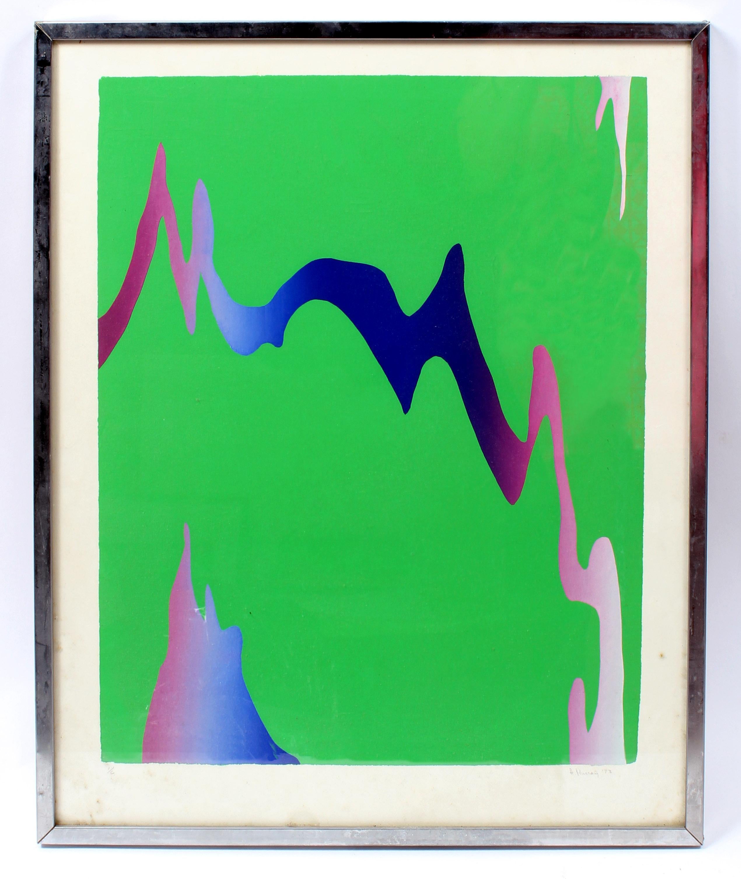 Abstract Print Unknown - Impression abstraite verte, rose, violette, néon, encadrée, originale, américaine, 1973 
