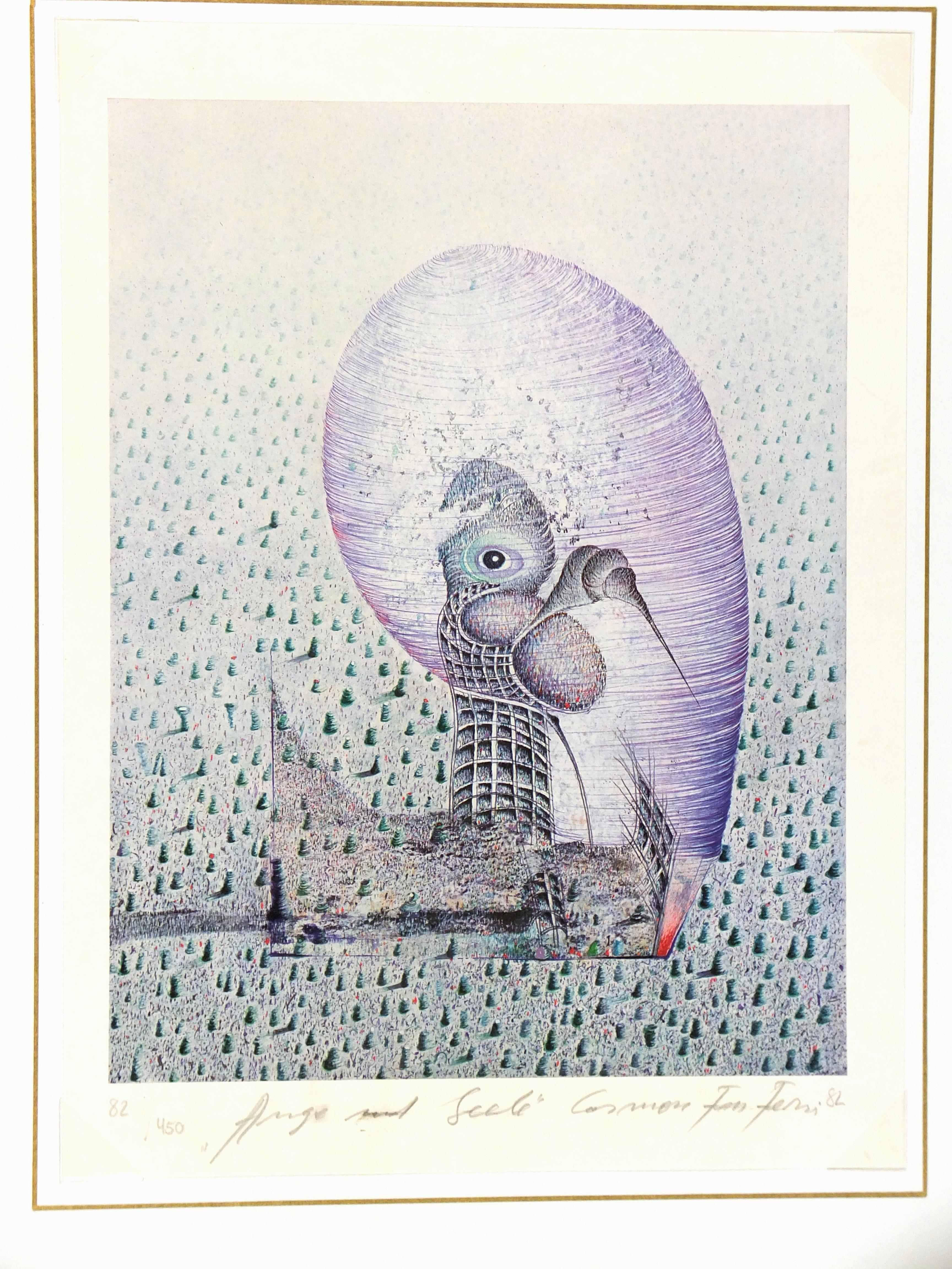 Surreal lithograph with light lavender and blue colors, 1982. Titled and numbered on lower left and signed lower right in pencil. 

Displayed on a white mat with a gold border and fits a standard-size frame. Archival plastic sleeve and Certificate