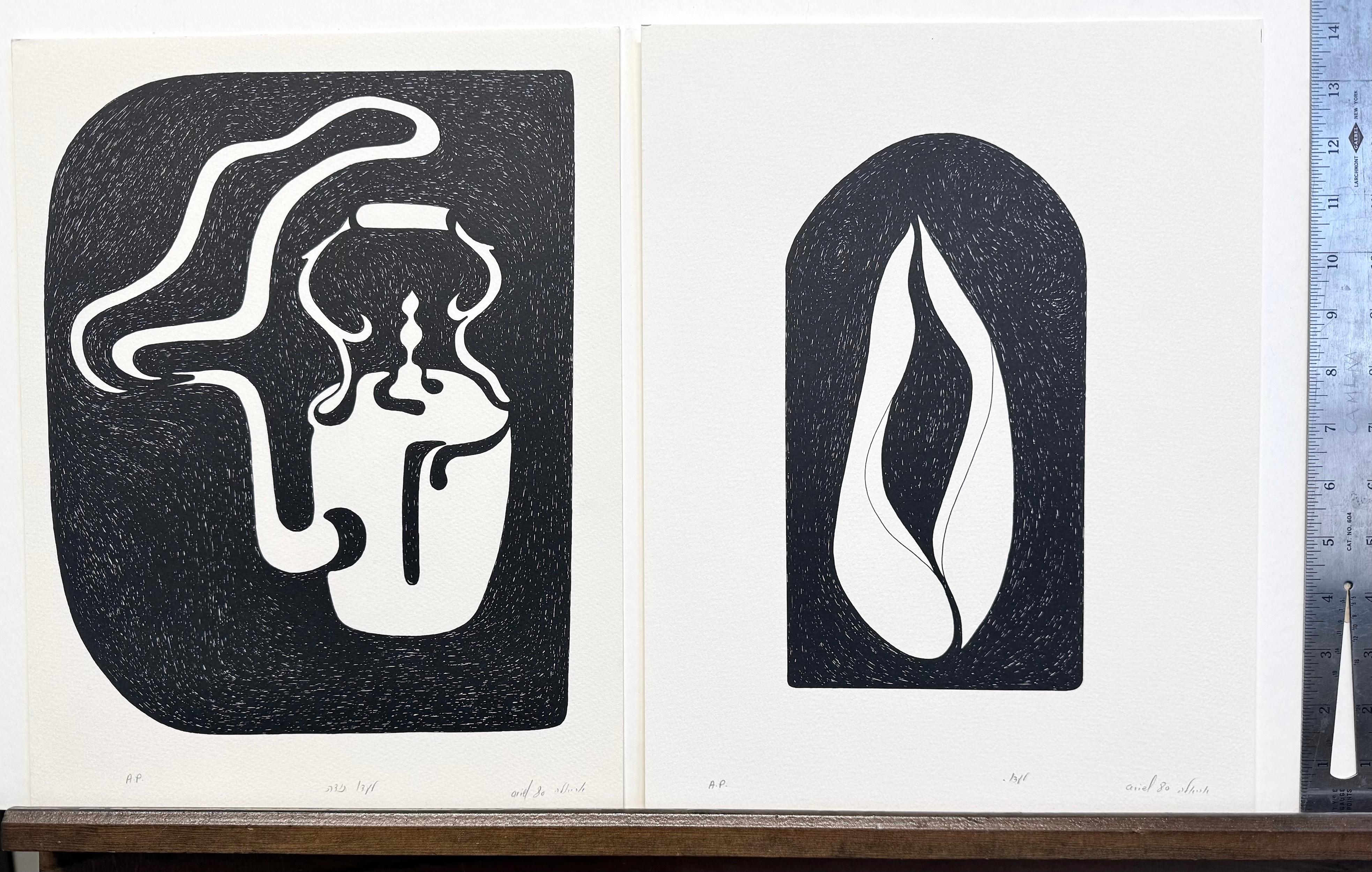ABSTRACT TEAPOT, ORGANIC FORM Set of 2 Signed Handmade Lithographs, Black White For Sale 4
