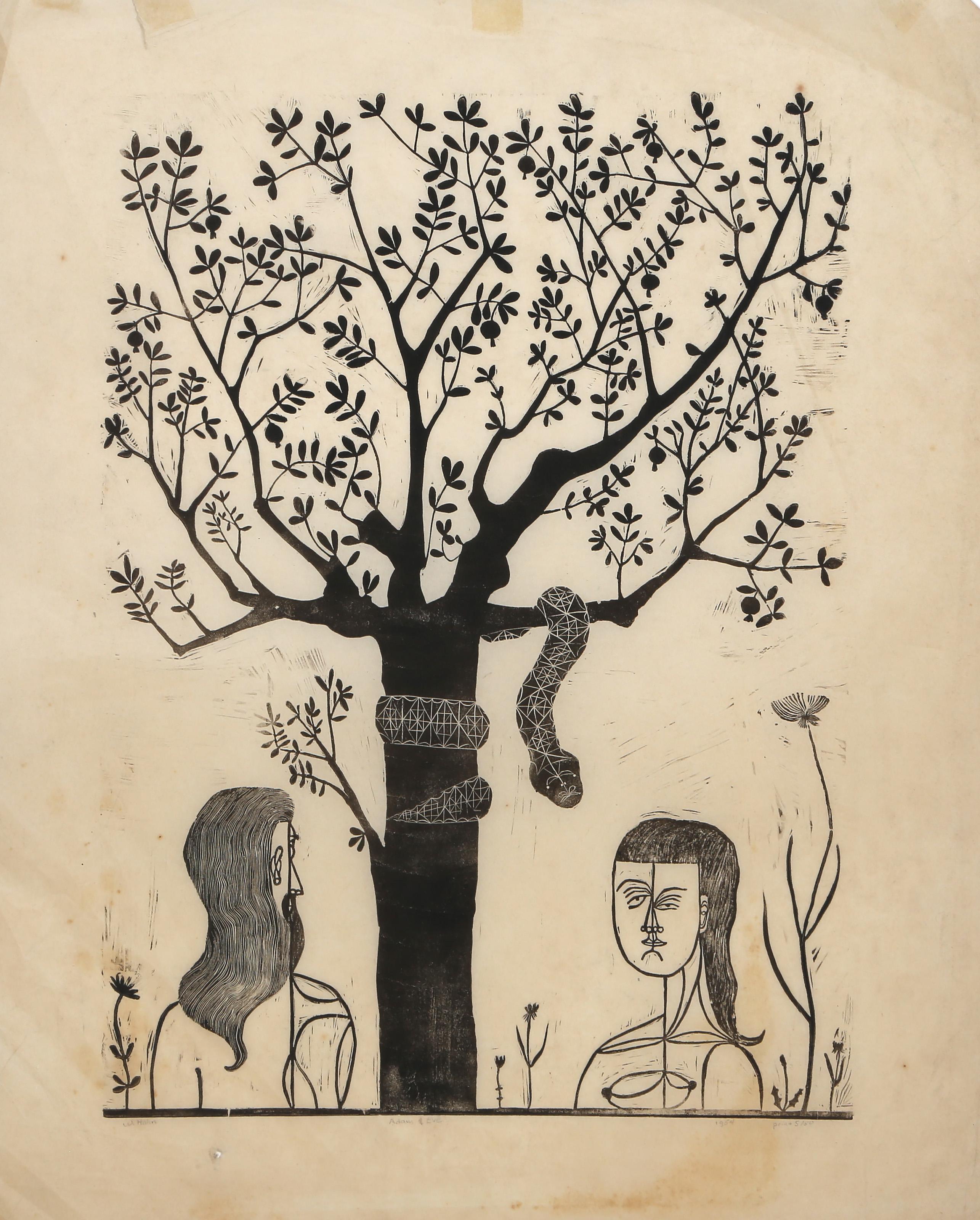 Adam & Eve, Folk Art Woodblock by W Hahn - Print by Unknown