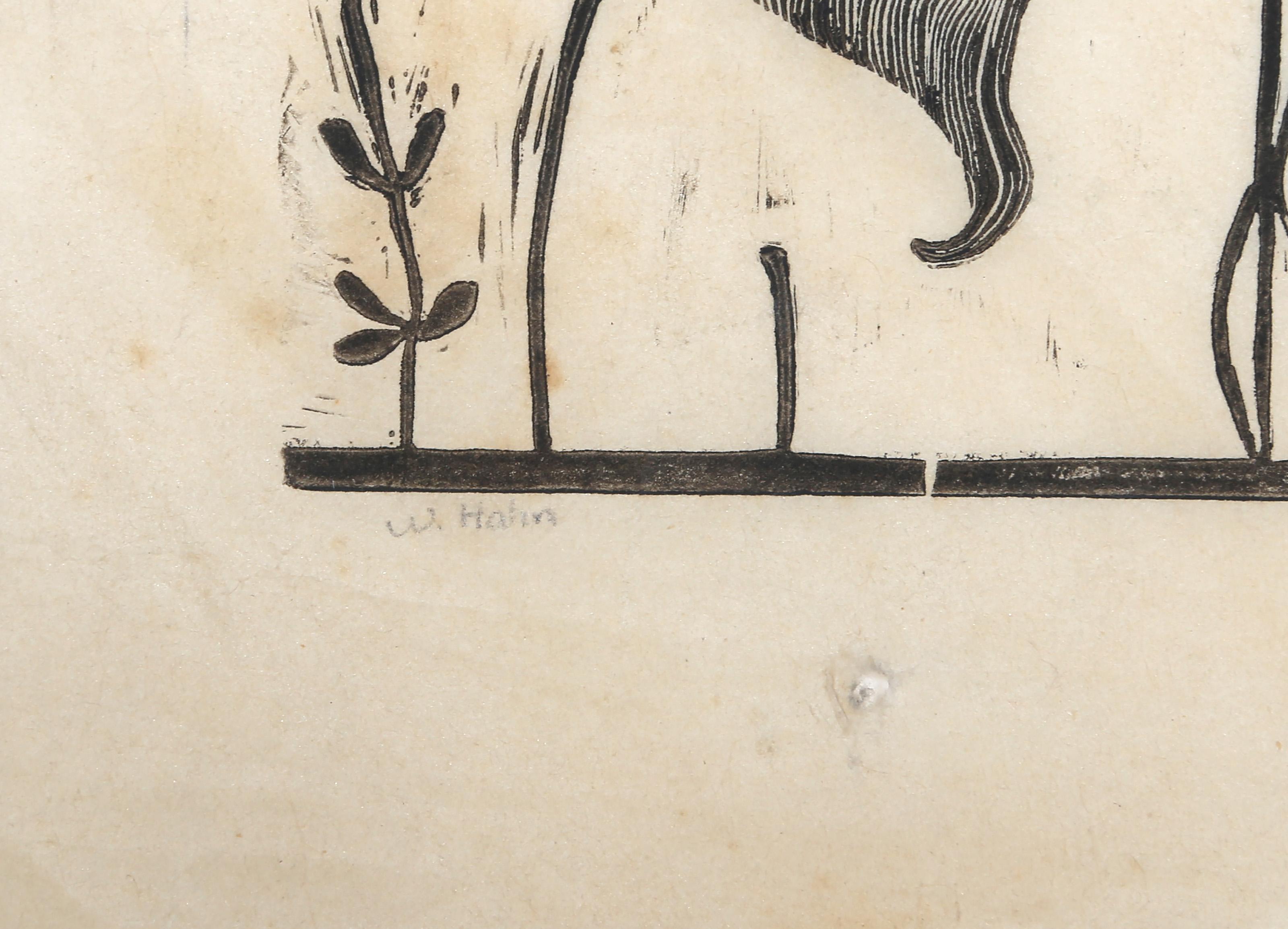 Adam & Eve, Folk Art Woodblock by W Hahn - Beige Figurative Print by Unknown
