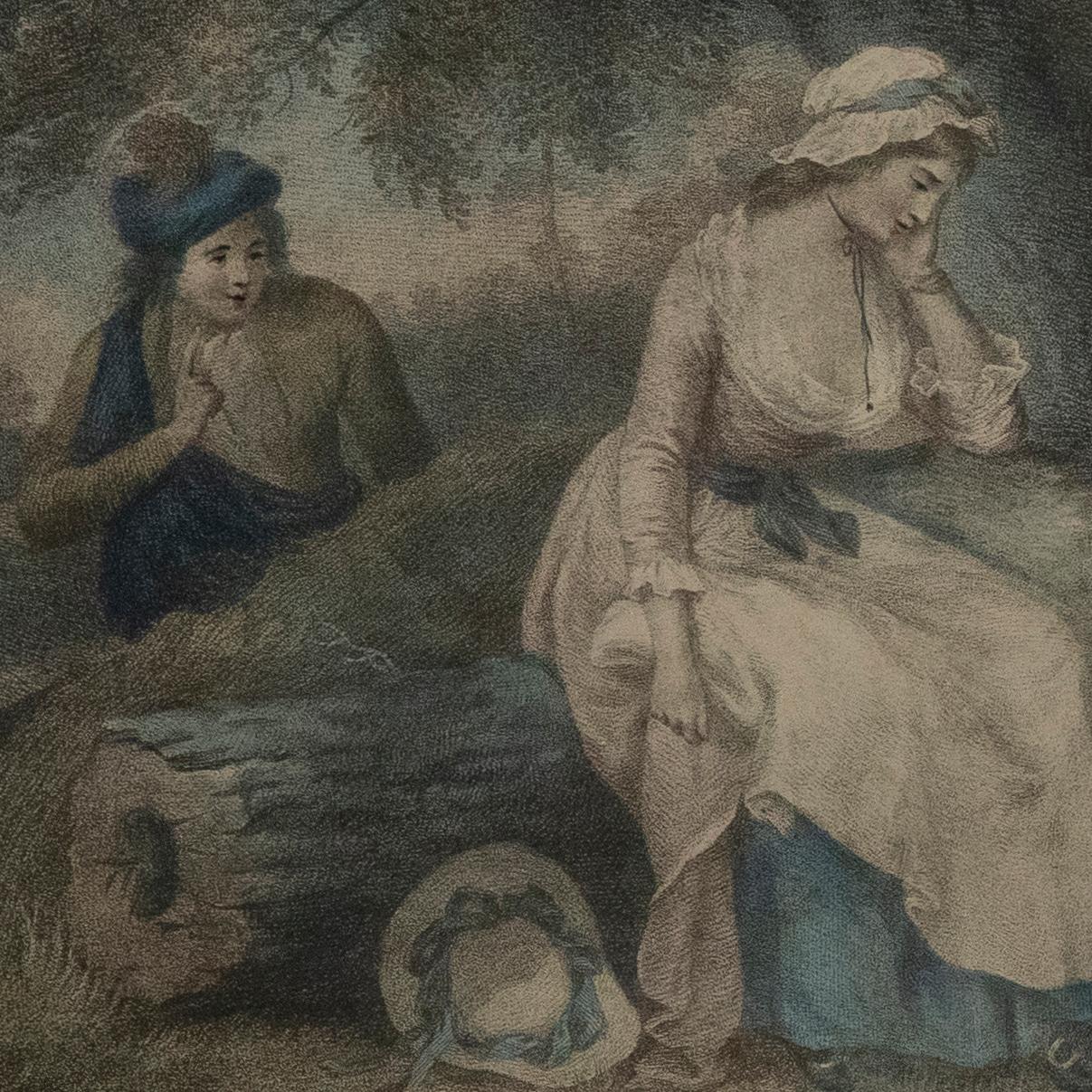 Zwei charmante Kupferstiche nach Gemälden von George Morland (1763-1803). Die erste stellt eine Szene aus dem Lied The Lass of Livingstone dar, die von dem beliebten schottischen Lied inspiriert ist. Die andere trägt die Inschrift 